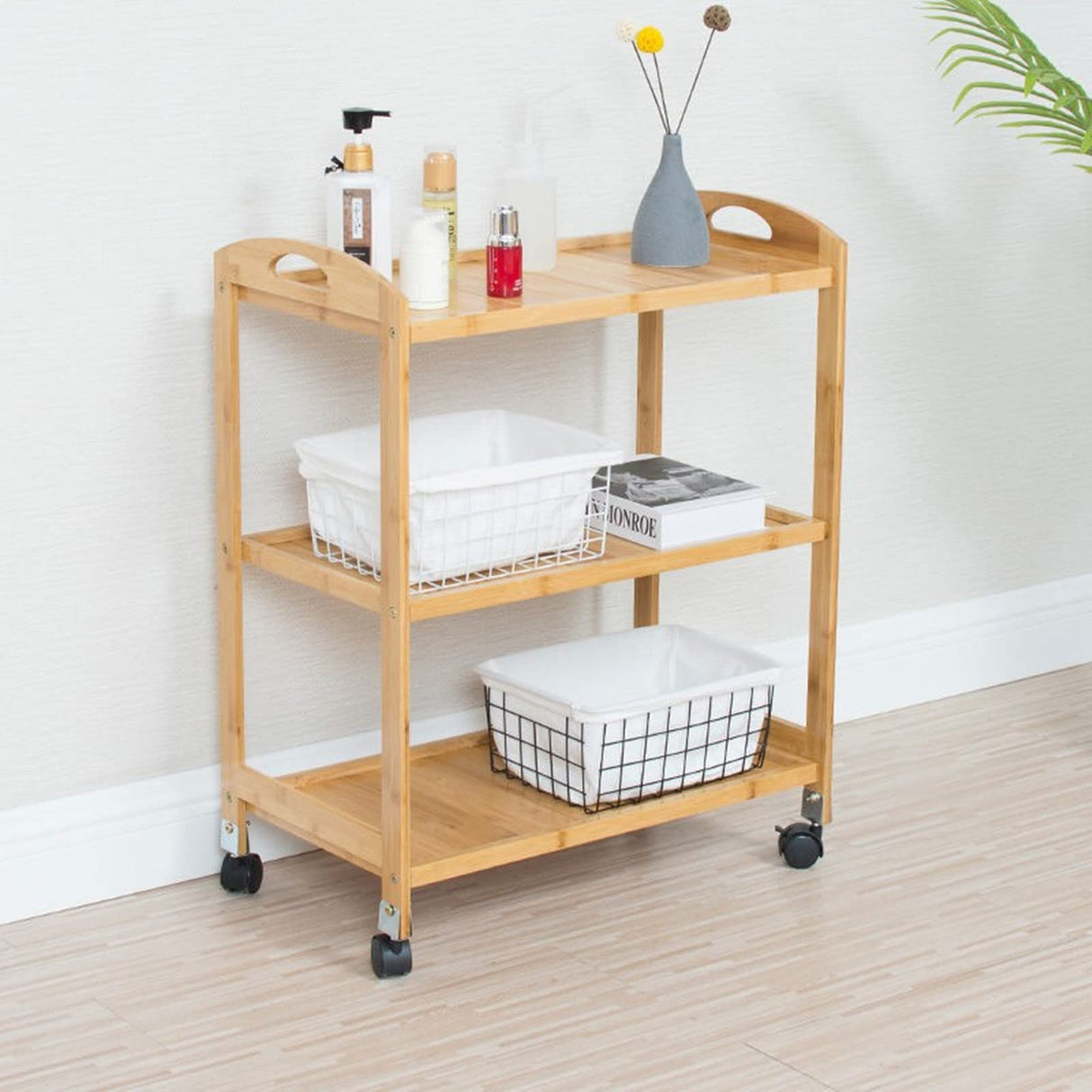 Baoz 3-Tier Bamboo Rolling Cart Kitchen Serving Cart Organizer Storage Rack Utility Mobile Trolley with Lockable Wheels for Home Bar Living Dining Room Baoz