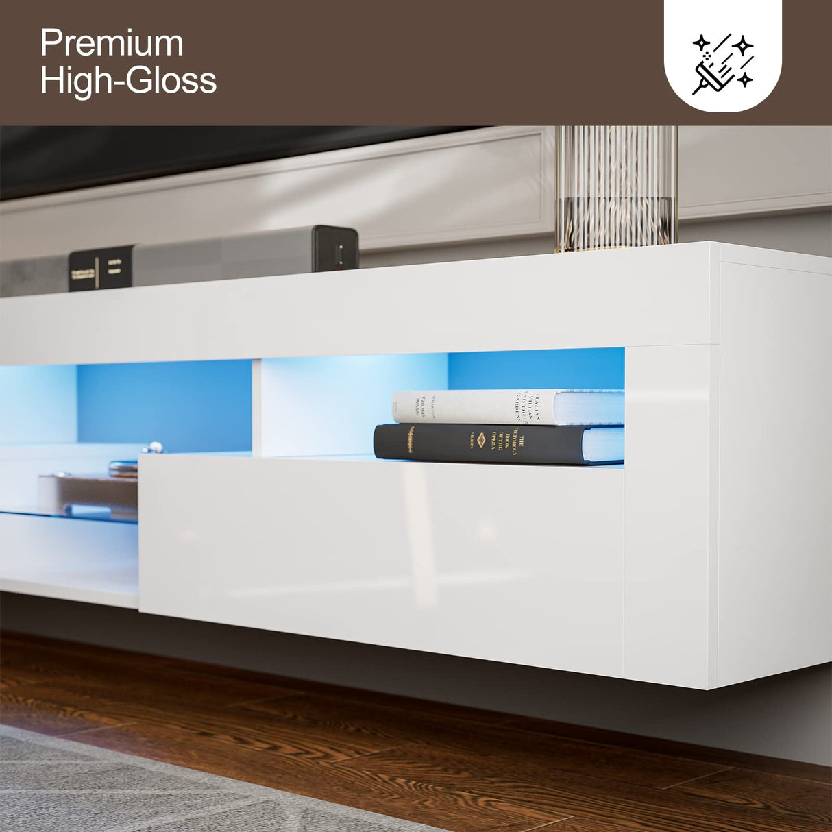 IKIFLY LED Floating TV Stand for 85+ inch TV, White High Glossy Wall Mounted Haning TV Stand with 2 Cabinets, Modern Floating Entertainment Center Console Shelf for Living Room, Bedroom IKIFLY