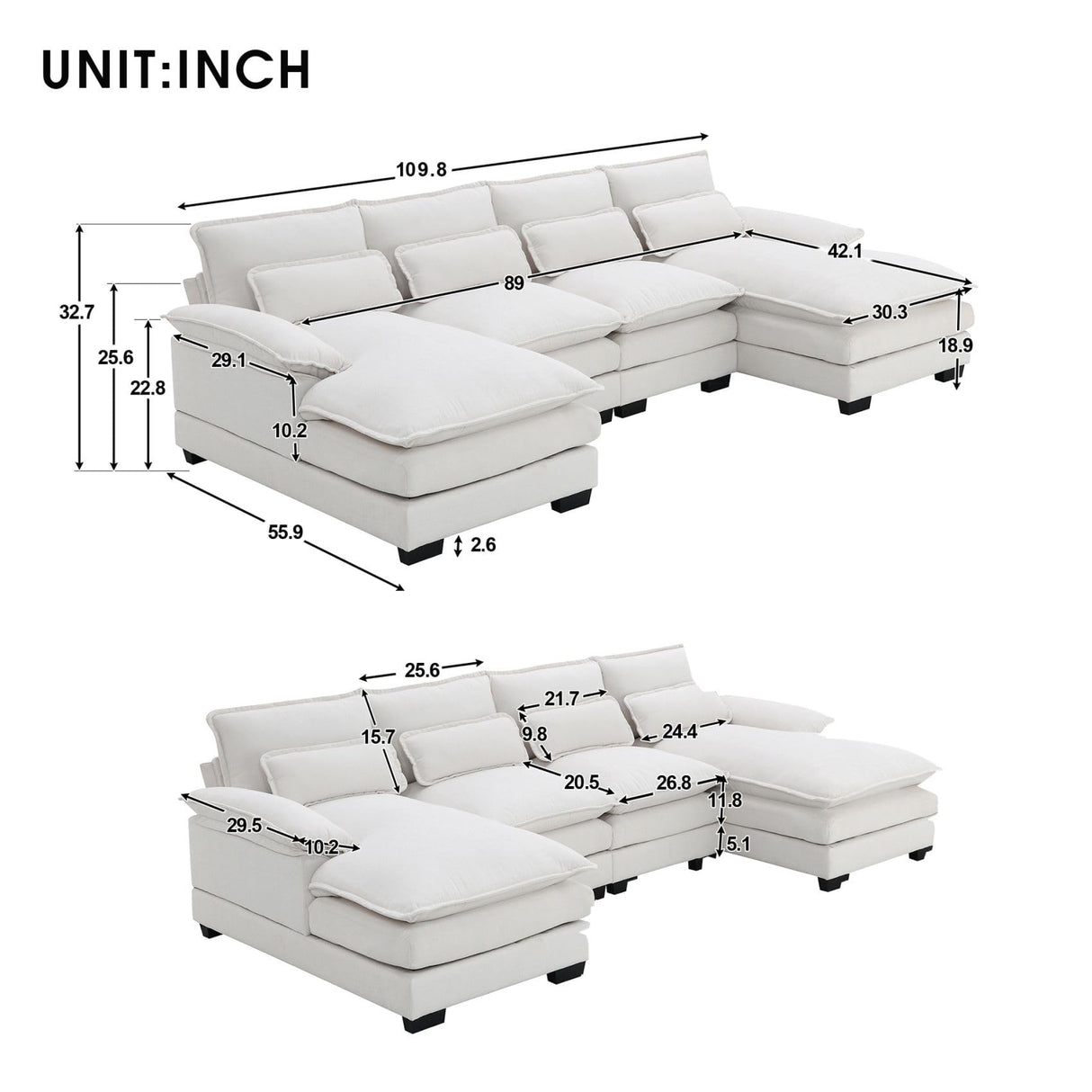 Merax 110" Modular Sectional Couches with Waist Pillows, 6-seat Upholstered Sleeper Sofa Bed Chaise Lounge for Living Room Furniture, White Merax