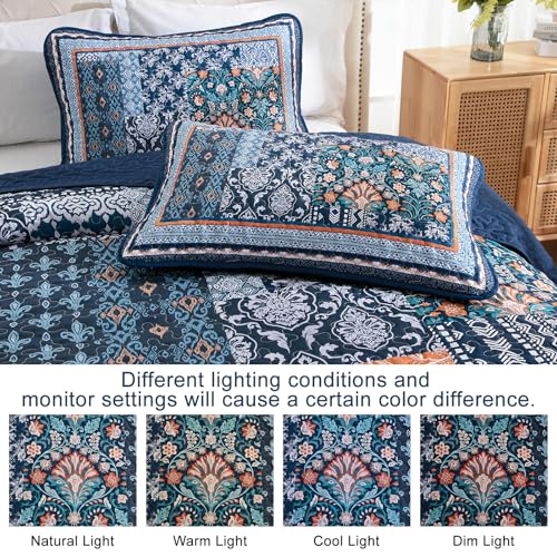 WONGS BEDDING Navy Blue Quilt Set King Size,Bohemian Patchwork Bedspread Coverlet Set, Reversible Farmhouse Floral Pattern Bedspreads Bedding Set for All Seasons (104"x90") WONGS BEDDING