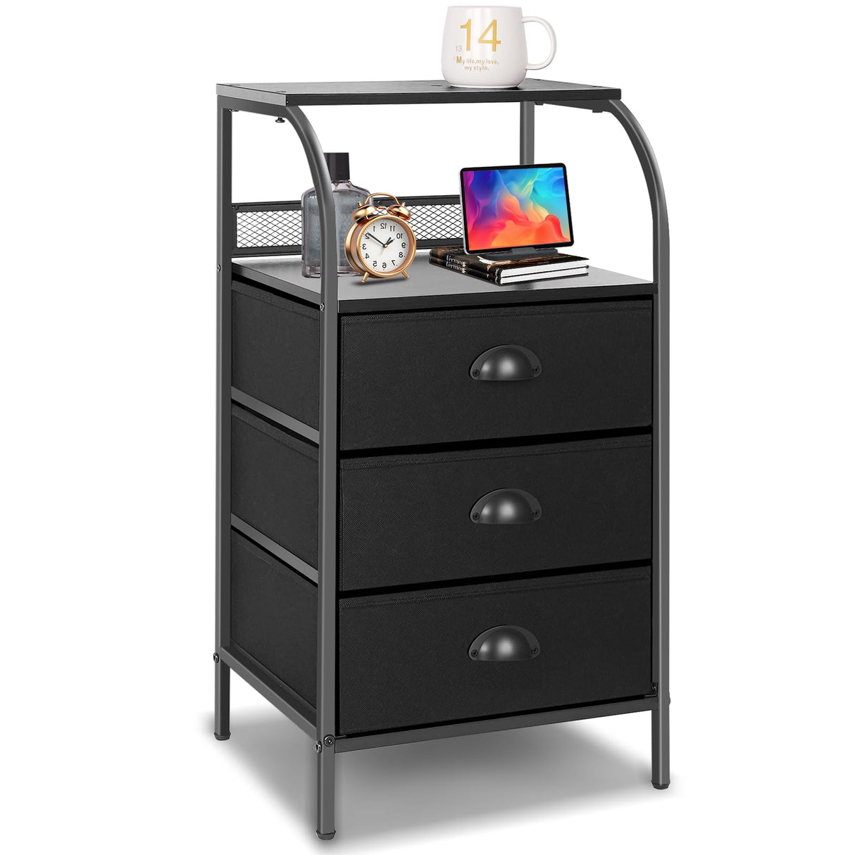 Jixlantuc Nightstand Bedside Table with Fabric Drawers Night Stand for Bedroom,End Table with Storage Shelves Side Tables Hallway, Entryway, Nursery Black Jixlantuc