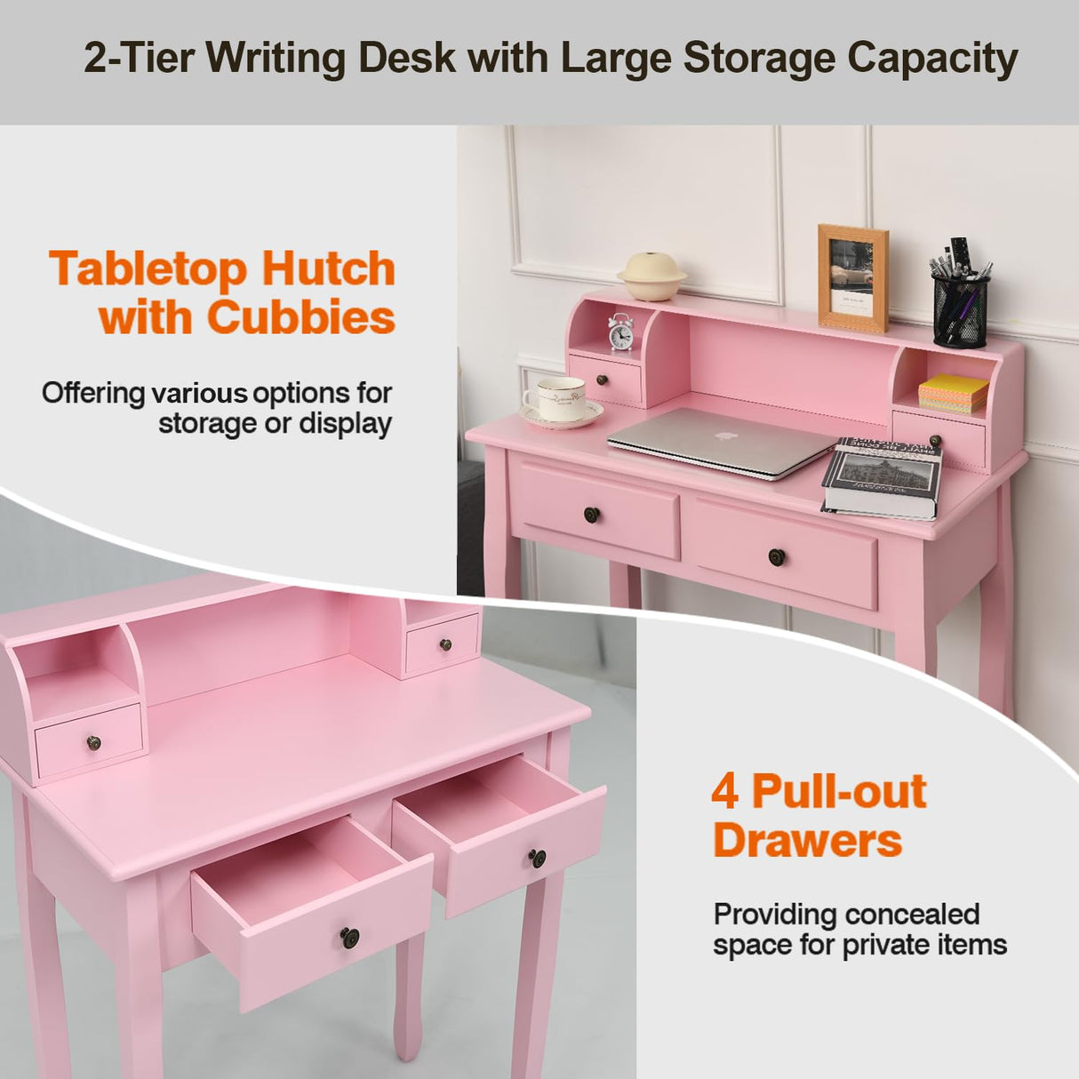 Byroce Small Writing Desk with Removable Hutch, 2-Tier Vanity Table with 4 Drawers, 3 Cubbies & Pine Wood Legs, Study Computer Desk for Bedroom Home Office (Pink) WoodArtSupply