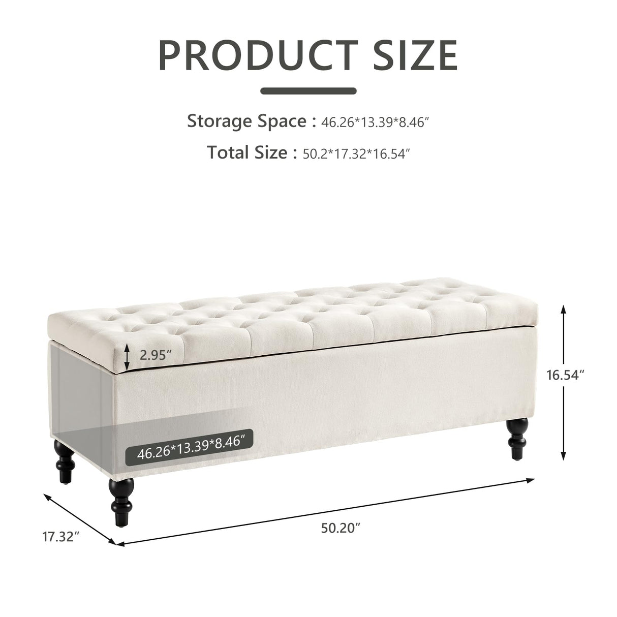 kinmars Ottoman with Storage,50.2-inch Upholstered End of Bed Storage Bench for Bedroom,for The Living Room,for Entryway, with Button and Safety Hinges,Detachable (White) kinmars