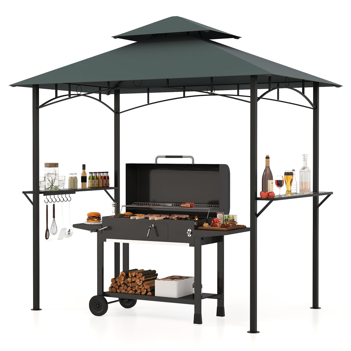 Tangkula 8x5 Ft Grill Gazebo, 2-Tier Barbecue Gazebo with 2 Shelves, 7 Hooks, Metal Frame, Outdoor Grill Canopy for Backyard Garden Poolside (Grey) Tangkula