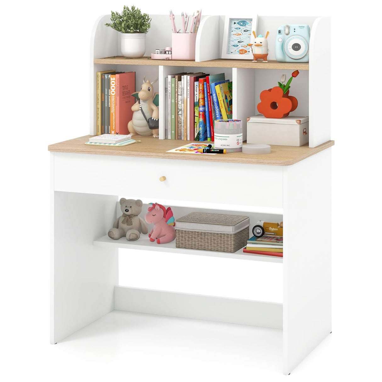 HONEY JOY White Kids Desk, Wooden Children School Study Table with Hutch, Pull-Out Drawer, Storage Shelves, Student Writing Desk Computer Workstation for Bedroom, 3+ Years Old HONEY JOY
