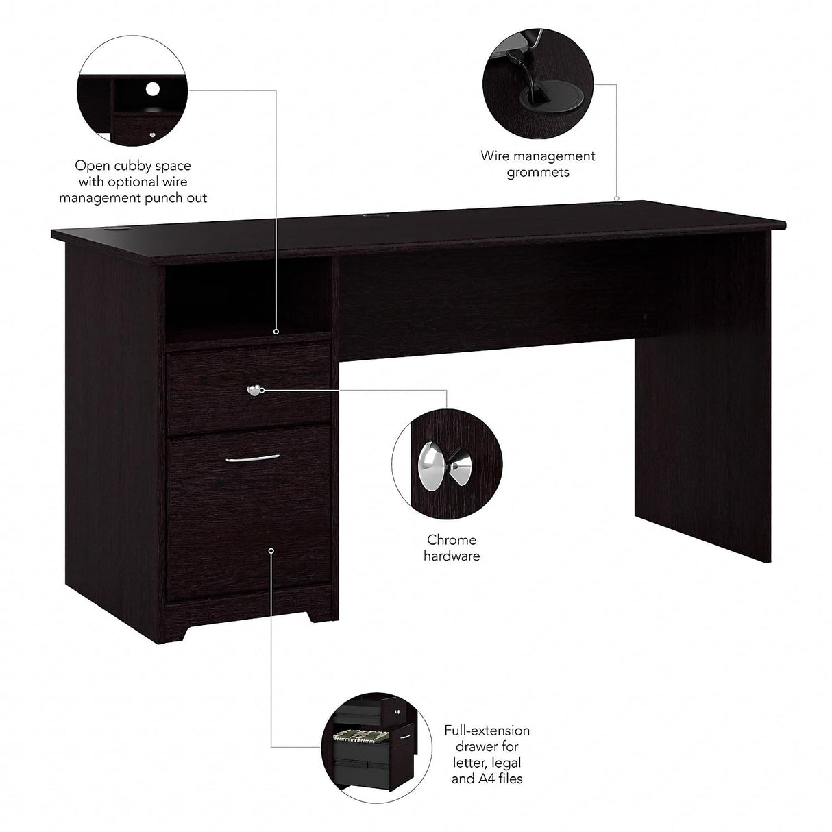 Bush Furniture Cabot 60W Computer Desk with Drawers, Espresso Oak (WC31860-03) Bush Business Furniture