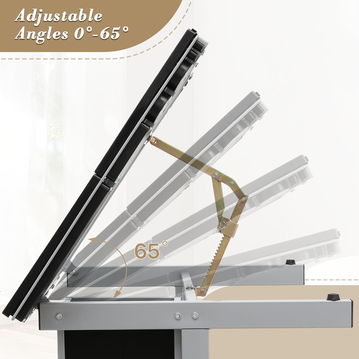 Athena Collection 41" Drafting Table Adjustable Angle Drawing Table Tempered Glass Art Desk Metal Frame Craft Desk Artist Desk with Fabric Drawers, Rolling Casters and Trays, Light Grey Athena Collection