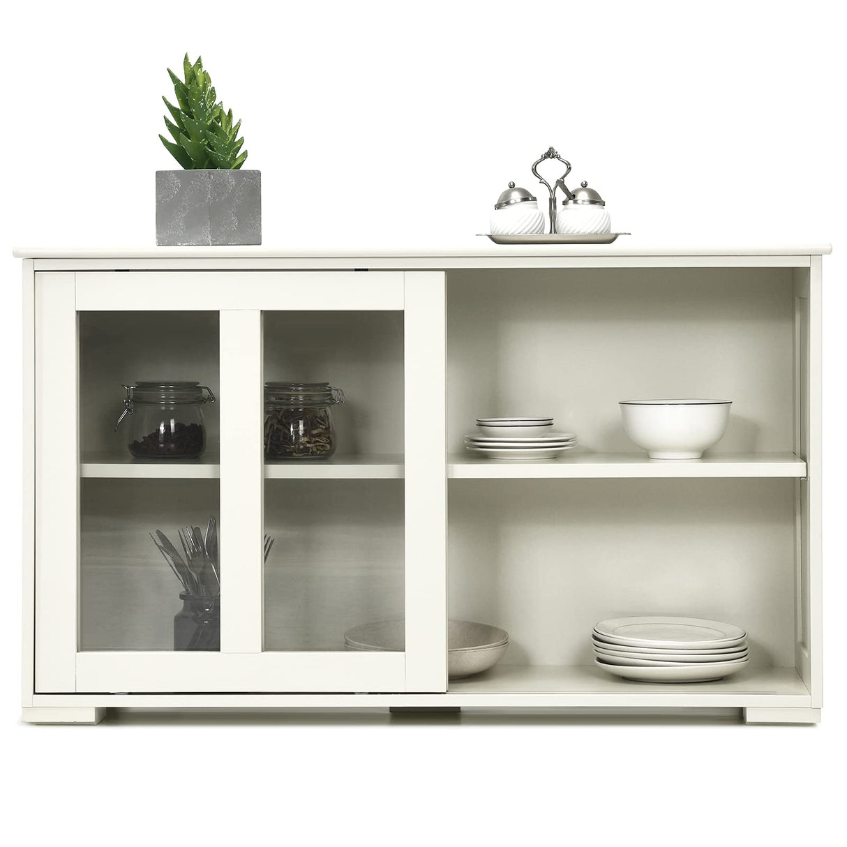 Costzon Cream White Sideboard Cabinet, 42"L x 13"W x 24.5"H, With Sliding Door Window, Wooden Cupboard Server Buffet Console Table for Home Dining Room Entryway Costzon