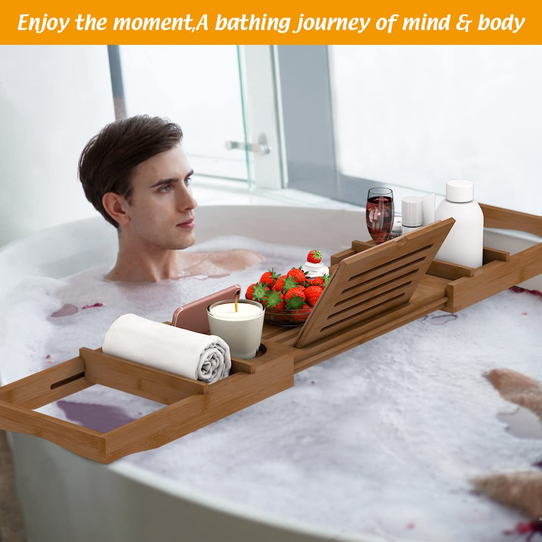 Bamboo Bathtub Tray for Luxury Bathroom, Expandable Premium Bath Tray with Soap Towel Book Holder, Luxury Spa Wooden Bath Table for Reading Laptop Over The Clawfoot Walnut Zhuoyue