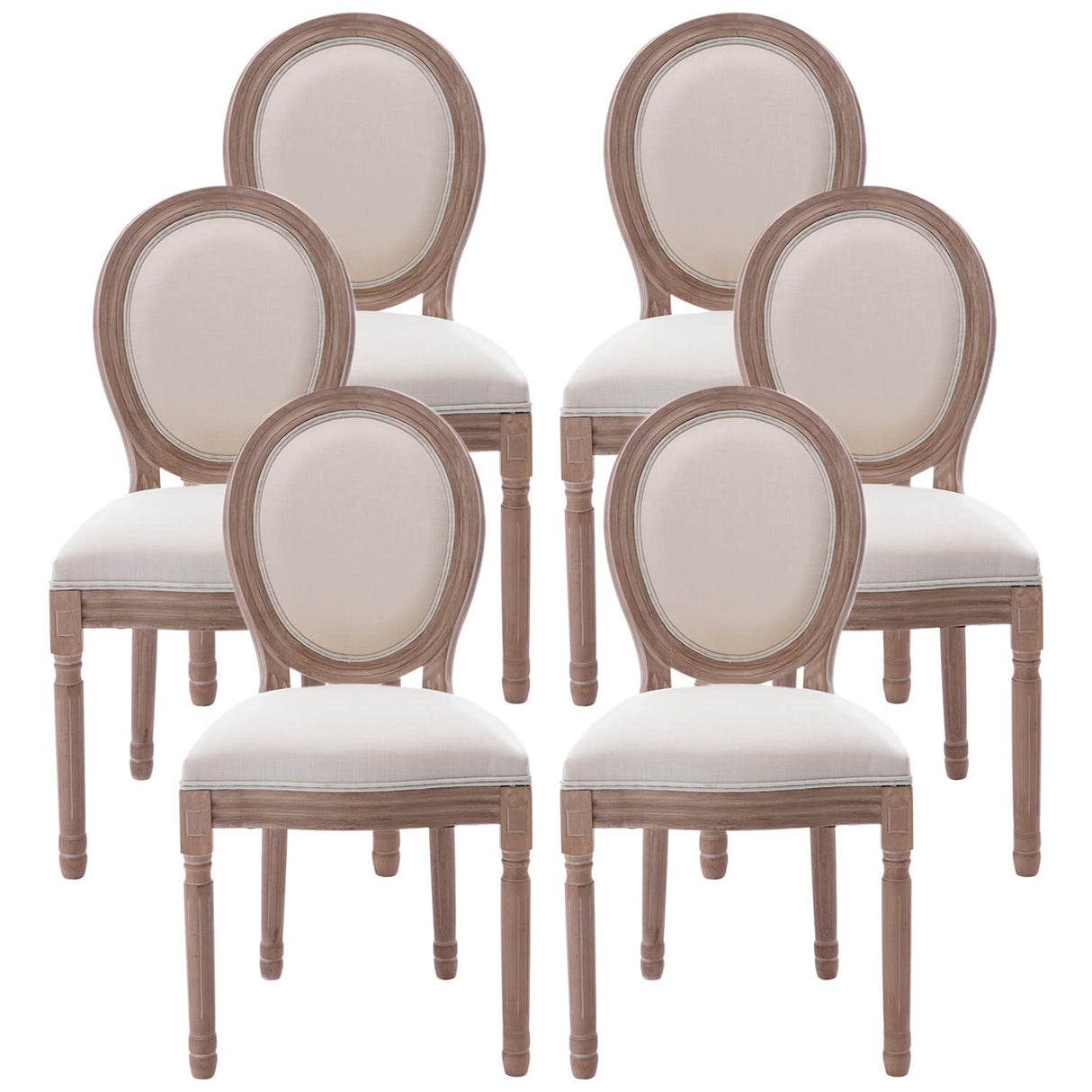 Nrizc French Dining Chairs Set of 6, French Country, Vintage Farmhouse Dining Chairs with Round Back, Solid Wood Beige Fabric Dining Room Chairs, for Kitchen, Bedroom Nrizc