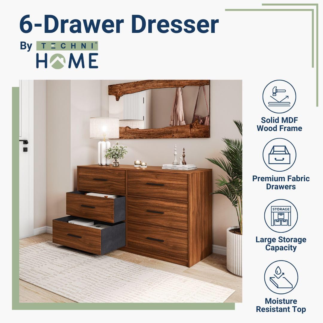 Modern 6-Drawer Dresser with Spacious Storage,Sturdy Wood Frame, and Large Capacity Drawers, Dressers for Bedroom, Home Organization Storage for Living Room or Hallway, Walnut Techni Home