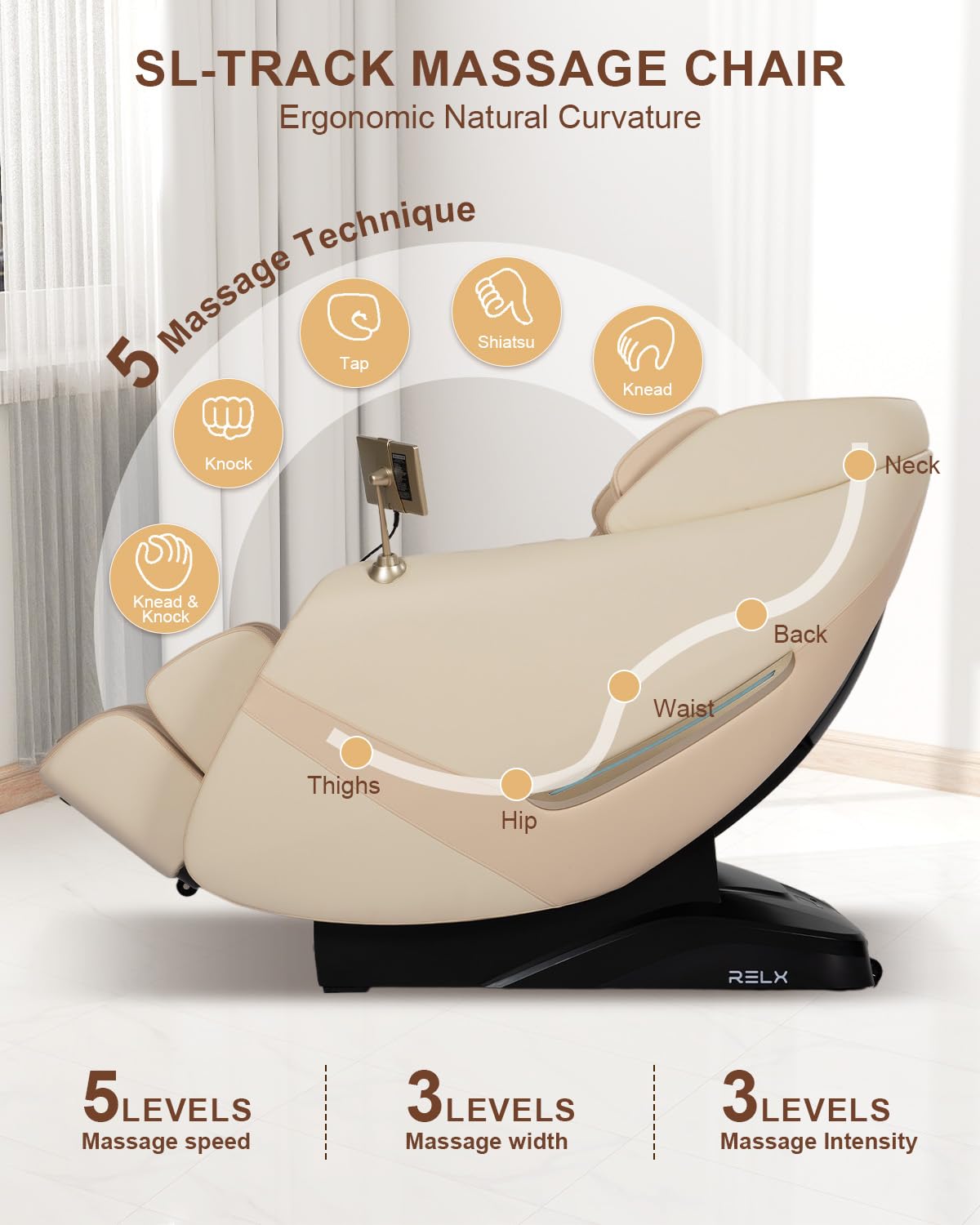 RELX 2025 Massage Chair Full Body, Zero Gravity Airbag Shiatsu Massage Chair with SL-Track, Heating, AI Control, Body Scan, 13 Modes, Foot Rollers, and Deep Yoga Stretch (Beige) RELX