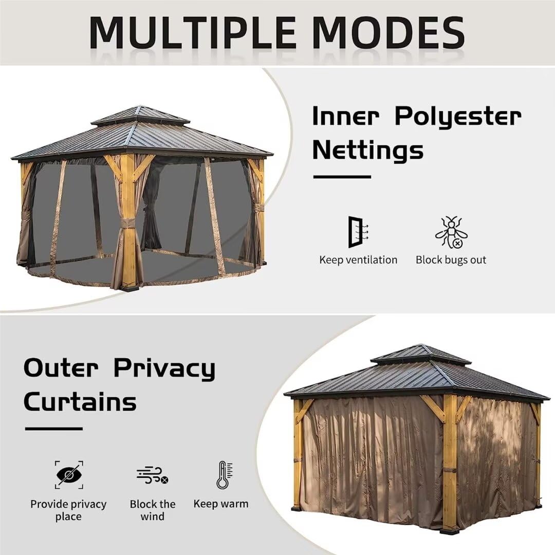 LPP-AWH 12'x14' Hardtop Gazebo with Cedar Wood Frame,Galvanized Steel Double Roof Gazebo Pavilion with Curtains and Netting - Outdoor Permanent Gazebo Canopy for Garden & Backyard (Brown) LPP-AWH