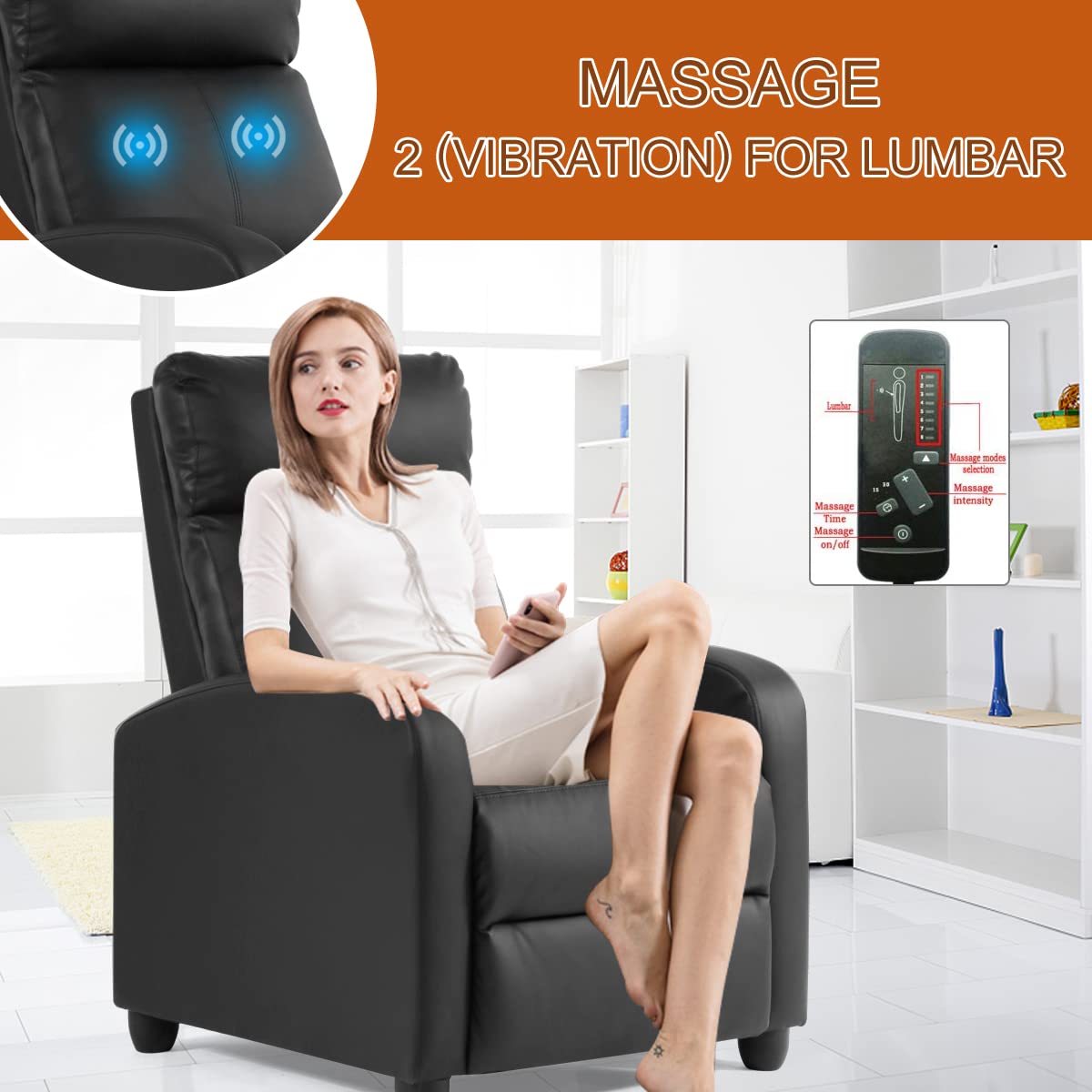 TYNB Lazy Recliner Massage Recliner Chair Living Room Sofa Reading Chair Home Theater Seating Modern Chair Easy Lounge PU Leather Padded Seat Backrest Black, 39.8 x 27 x 34 inches (SS-AC207-B) TYNB