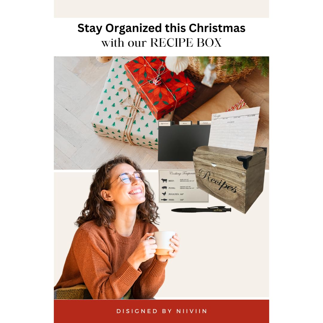 Wooden Recipe Box with Cards and Dividers - Large Rustic 4x6 Recipe Card Box, Wipe Clean Surface, Recipe Card Holder, 100 Double-Sided Cards, 20 Thick Dividers with Stickers, Charts, Complete Gift Set NIIVIIN