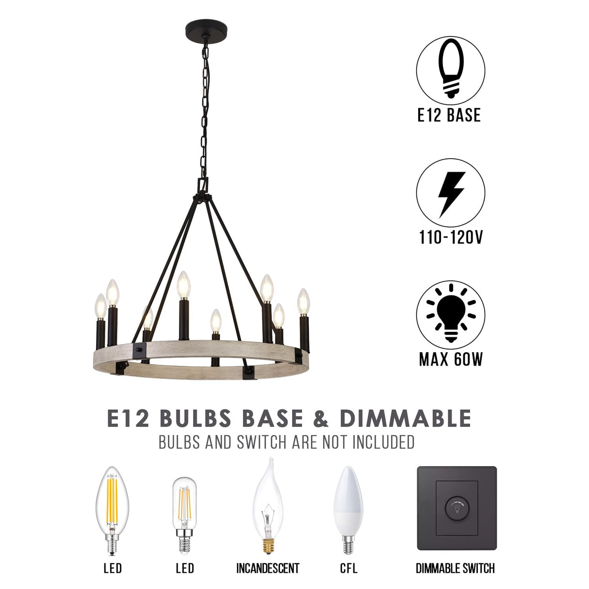 Alolvios D24'' Modern Farmhouse Chandelier, 8 Lights Wagon Wheel Chandeliers for Dining Room Kitchen Living Room Entryway, Rustic Adjustable Height Candle Chandelier Pendant, White Oak Finish Alolvios