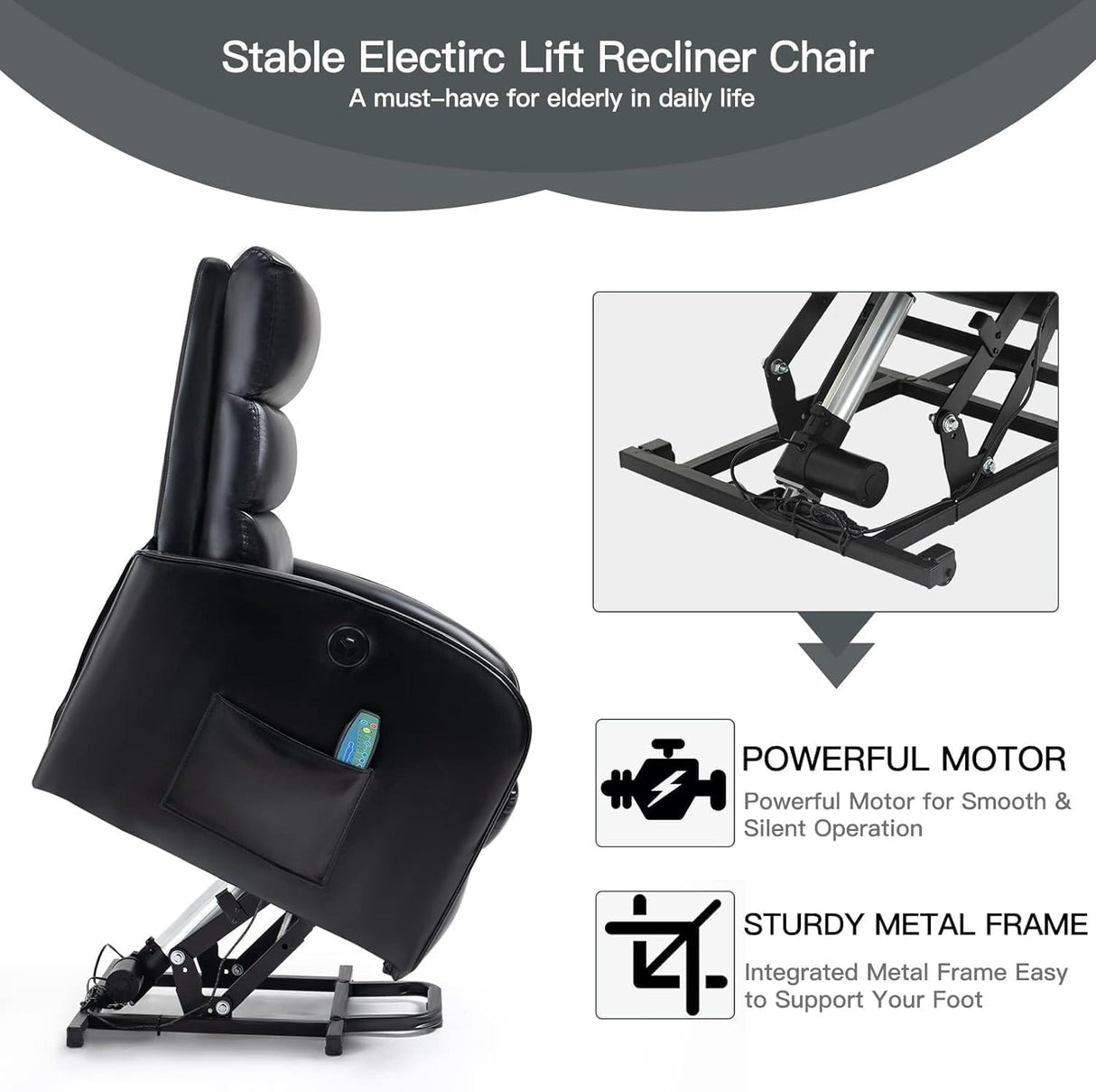 AVAWING Power Lift Recliner Chair for Elderly, PU Leather Electric Inclining Chair with Remote Control, Side Pocket and USB Port for Living Room & Bedroom, Black AVAWING