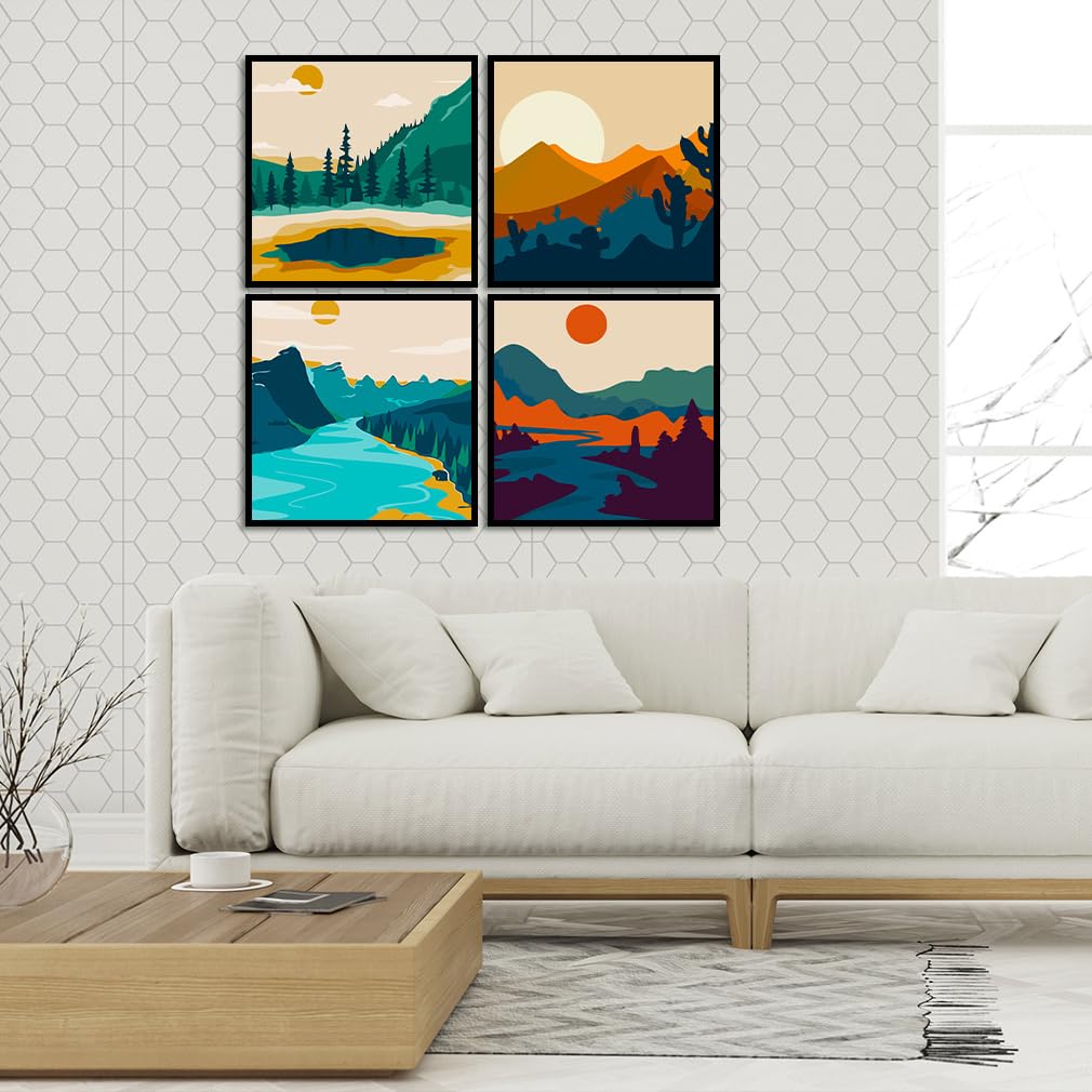 FQOVKYN 4 Pack Sunset Paint by Number for Adults Beginners, DIY Landscapes Paint by Numbers on Canvas, Acrylic Easy Painting by Numbers Oil Painting Kits for Home Wall Decor (8x8in) FQOVKYN