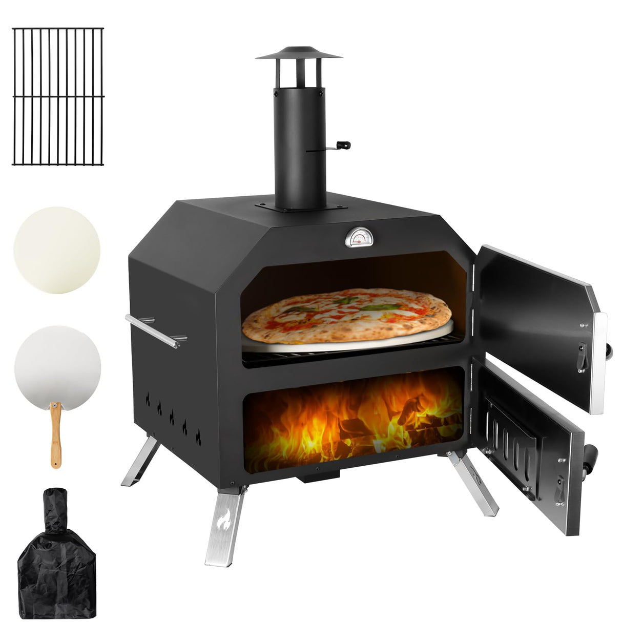15’’ Outdoor Pizza Oven Wood Fired Pizza Oven Portable Patio Ovens Included Pizza Stone, Pizza Peel, Fold-up Legs, Cover Cooking Rack for Camping Backyard BBQ Polar Aurora