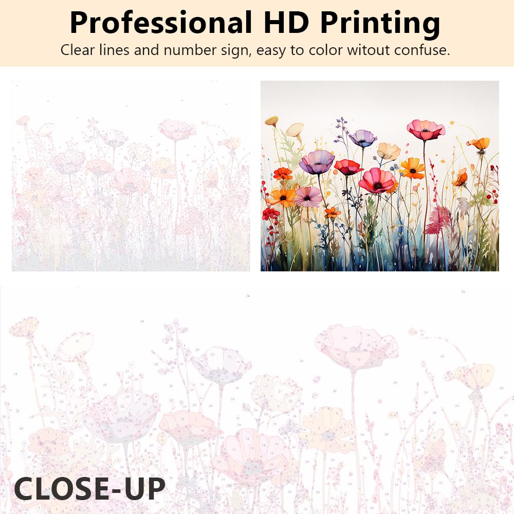 TUMOVO Colorful Flower Field Paint by Numbers for Adults Ages 8-12 Watercolor DIY Arts Craft Beginner Abstract Floral Paint by Number Kit Oil Painting Adult Paint by Number Kits On Canvas 16"x20" TUMOVO