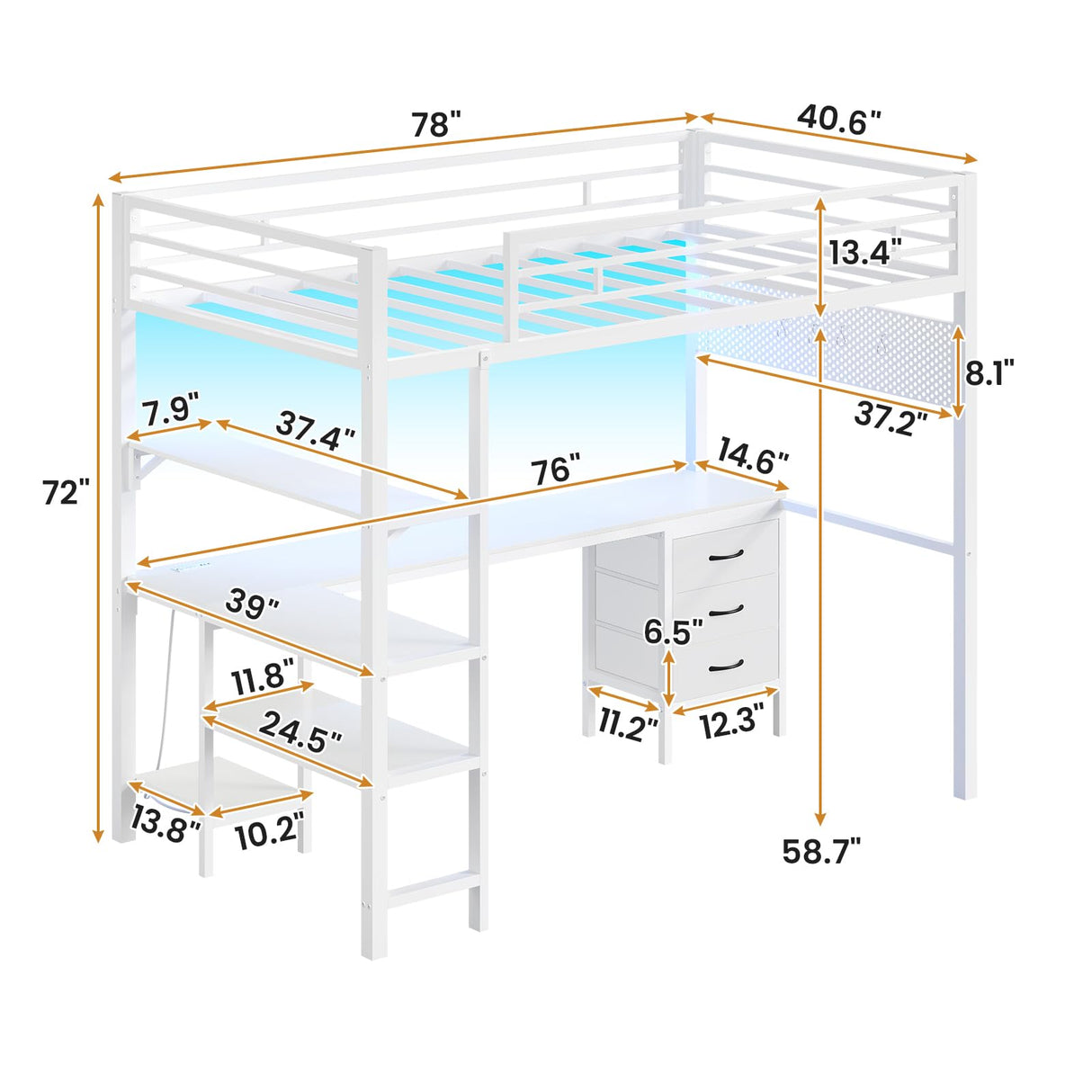 BTHFST Loft Bed Twin Size with L-Shape Desk & RGB LED Lights & Charging Station, Twin Bunk Bed with Fabric Drawers & Shlves, 13.4'' H Safety Guardrail, Noise Free, No Box Spring Needed BTHFST