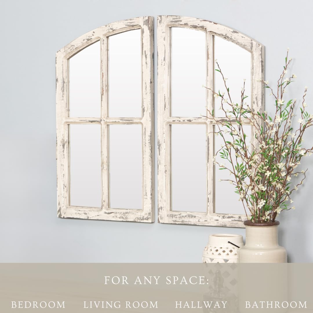 Jolene Arch Window Pane Mirror, Rustic Style Distressed Wood, Decorative Wall-Hanging Mirror, Easy Mount, Wall Mount Mirrors for Bedroom, Bathroom, Living Room (Set of 2) Aspire