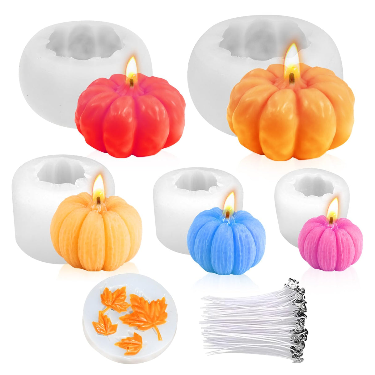 MGLIFEUL 6 pcs Upgrade Large Halloween Pumpkin Maple Leaf Candle Silicone Candle Mold with Wax Core, Halloween Fall Pumpkin Candle Resin Soap Molds Silicone Suitable for Businesses or households MGLIFEUL