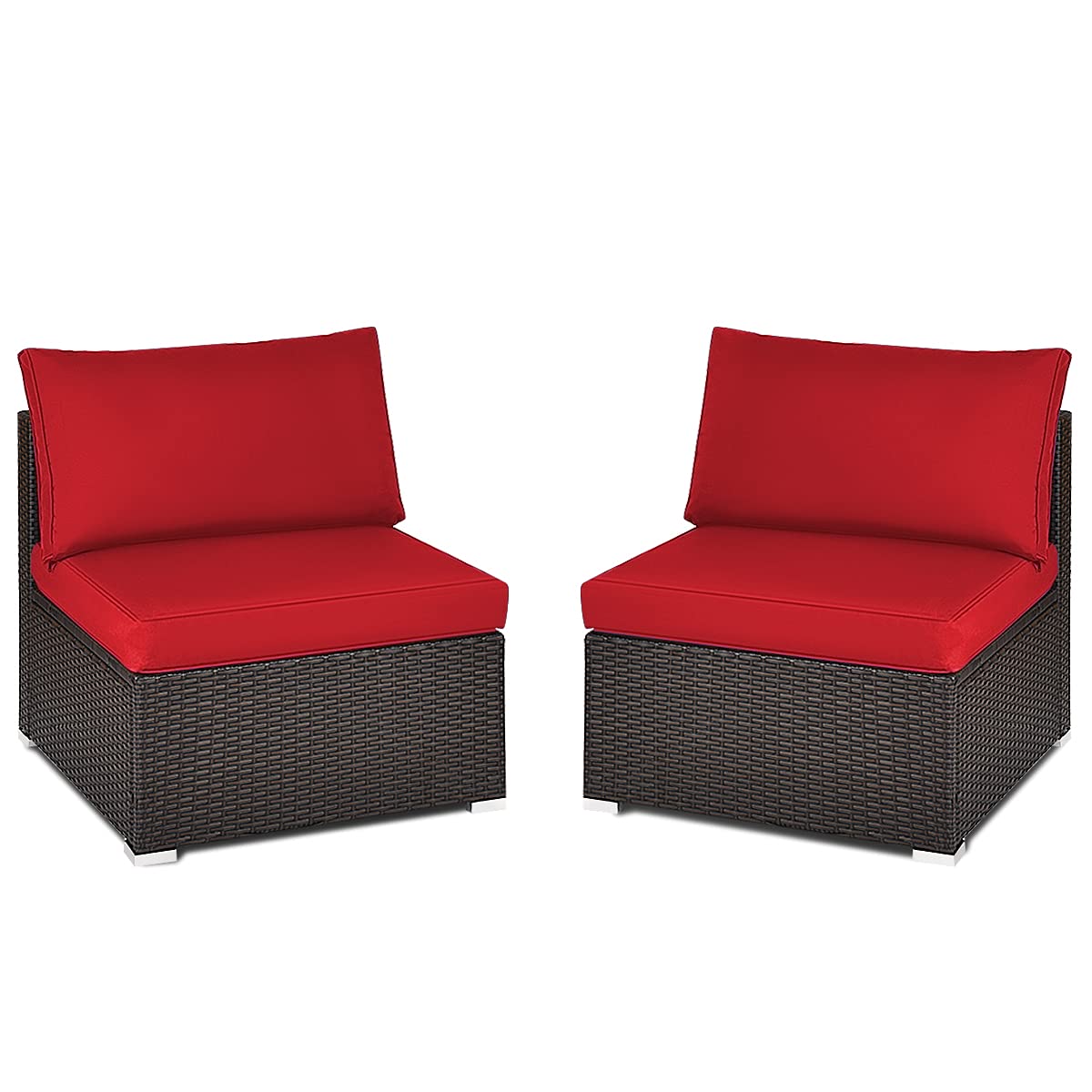 Tangkula 2 PCS Outdoor Wicker Armless Sofa, Patio Rattan Sectional Sofa Set w/2 Thick Seat Cushions and 2 Back Cushions, Additional Seats for Balcony Garden Patio Poolside (Red) Tangkula