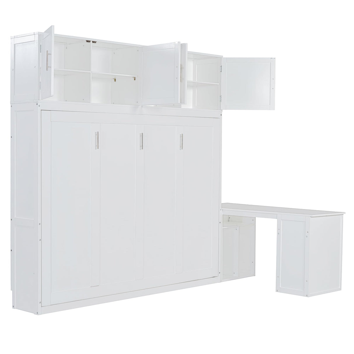 Merax Queen Size Wall Murphy Bed with Desk and Storage Shelves and Big Cabinets for Guest Room, Bed Room, Guest Room, Home Office, White Merax