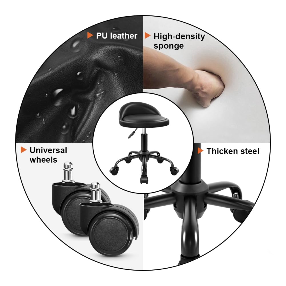 KKTONER Rolling Stool with BackRest Height Adjustable Round Chair with Wheels Swivel Drafting Work PU Leather stools Small (Black) KKTONER