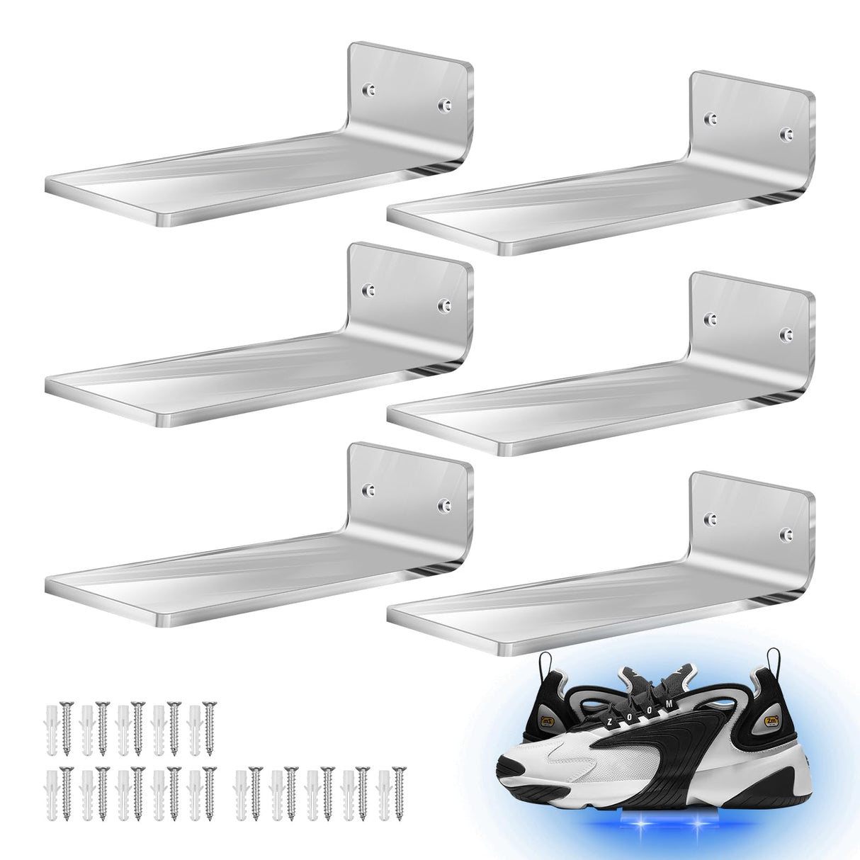 DTNESS 6Pcs Floating Shoe Display Shelf with LEDs, 8 x 3.9 Inch Clear Acrylic Wall Mounted Sneaker Rack, Glowing Levitating Shelves with 15 Screw Kits for Bedroom Gaming Room Shoe Store DTNESS