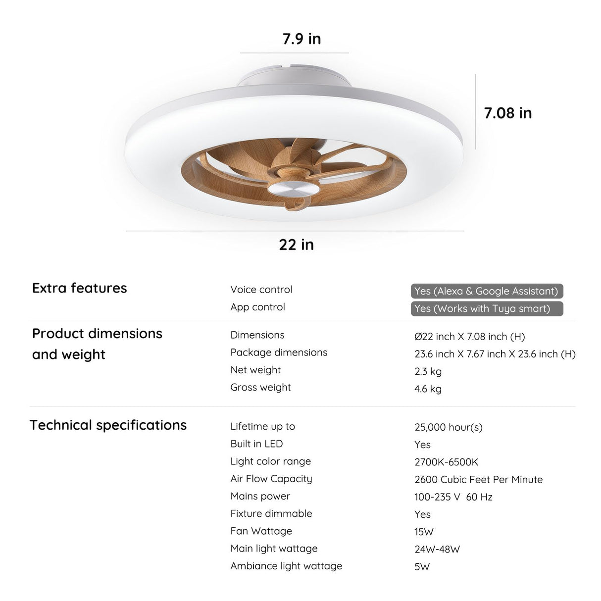 Orison Ceiling Fans with Lights and Remote- 22.4 in Smart Low Profile Bladeless Ceiling Fans with Alexa/Google Assistant/App Control 6 Speed Color Changing Ceiling Fan LED-RGB Back Ambient Light Orison