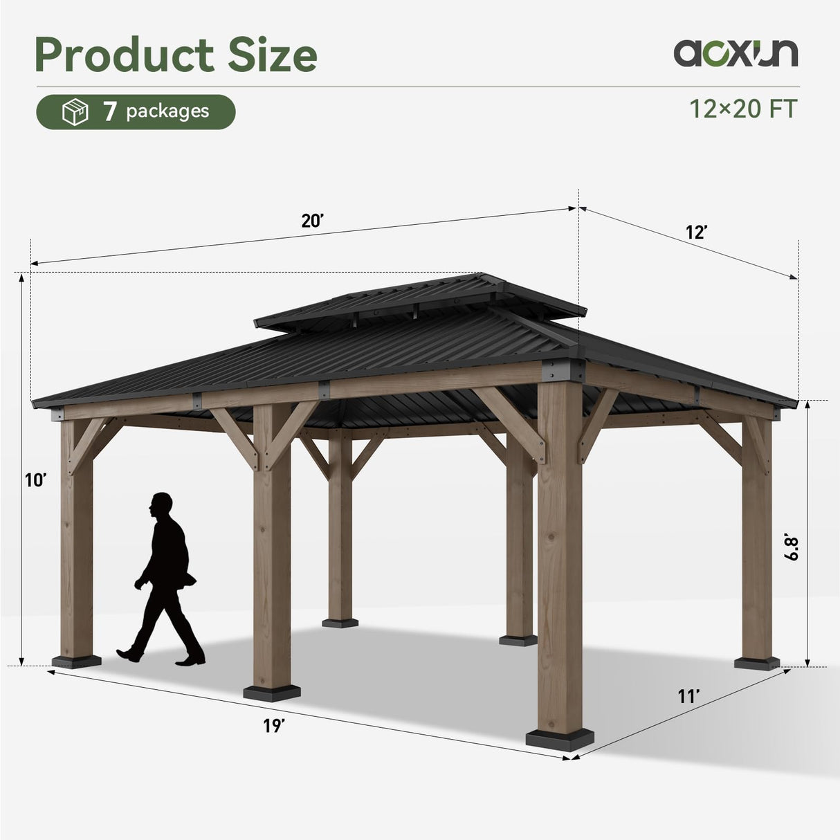 Aoxun 12' x 20' Outdoor Wood Gazebo, Hardtop Gazebo Permanent Wooden Pavilion with Galvanized Steel Double Roof, for Patio, Garden, Backyard, Cedar Wood Aoxun