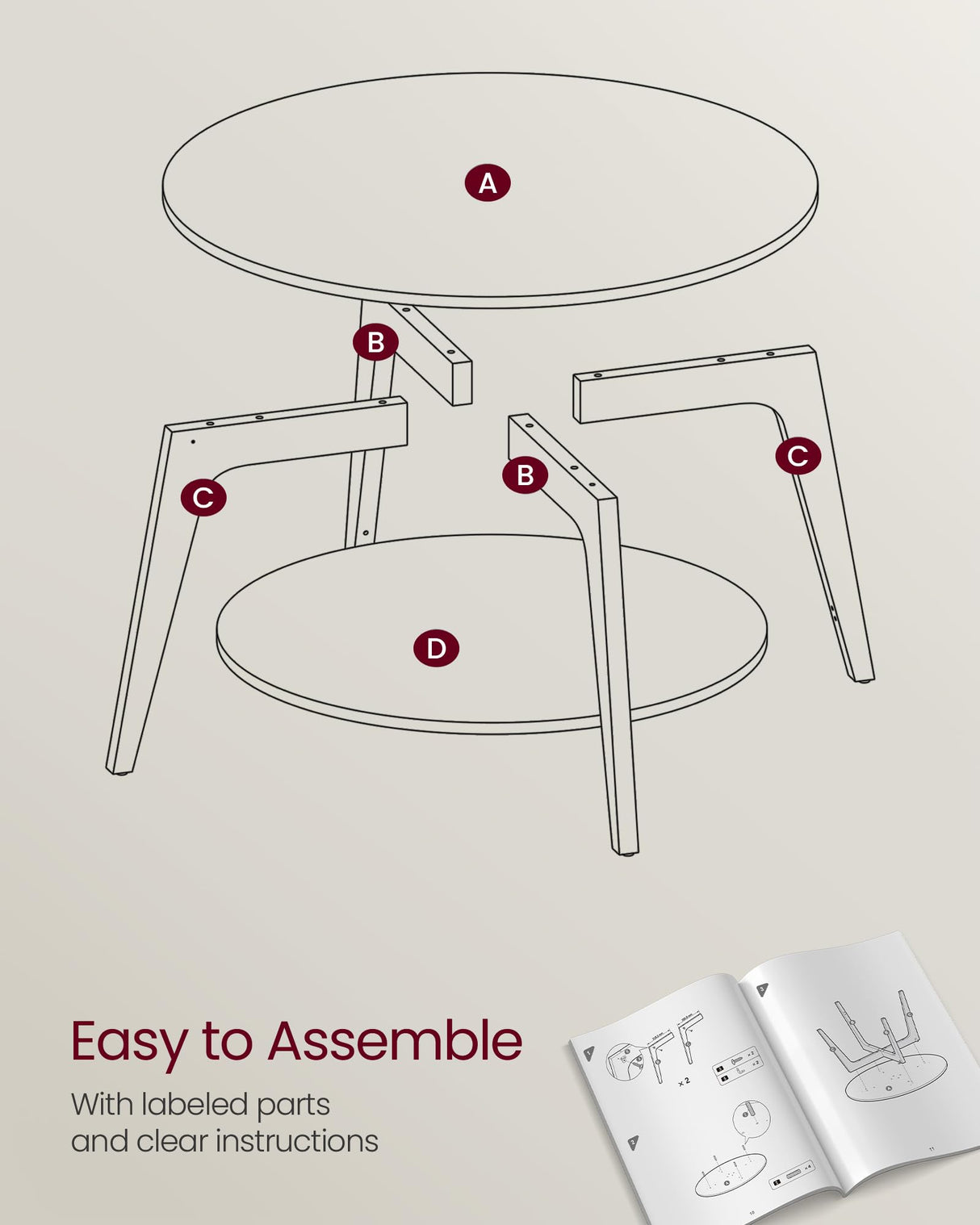 VASAGLE Round Coffee Table, 2 Tier Coffee Table with Storage, for Living Room, 31.5 x 17.7 Inches, Easy to Assemble, Heather Greige ULCT243K02 VASAGLE