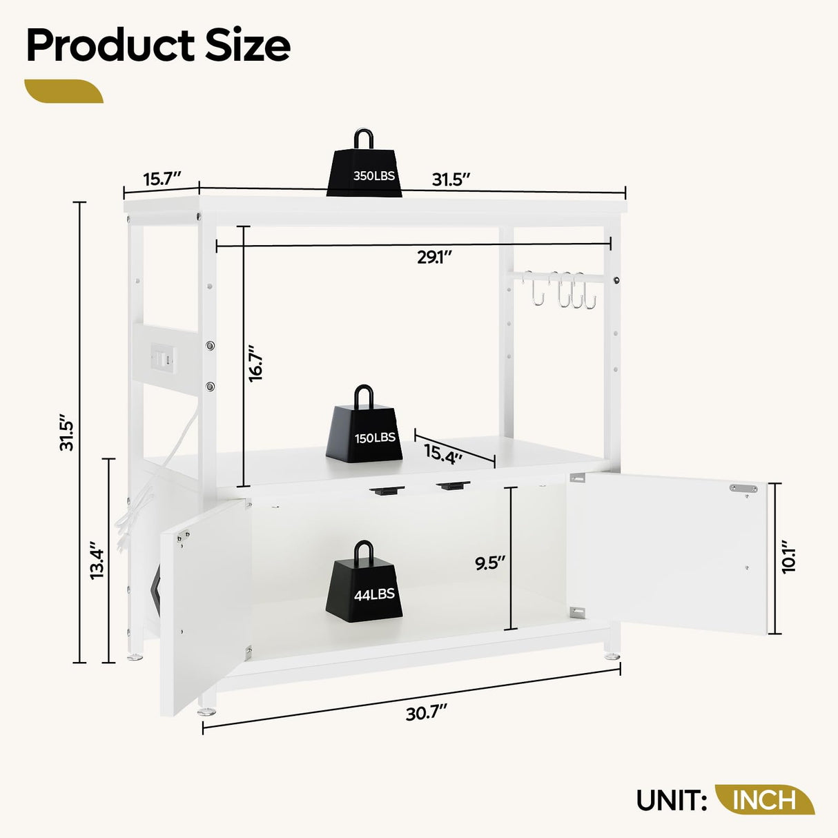 Bestier 20-29 Gallon Fish Tank Stand with Power Outlets, Metal Long Aquarium Stand with Storage Cabinet, 31x15 Reptile Terrarium Stand with Horizontal Gold Line, Stainless Hooks, 350 Lbs(White) Bestier