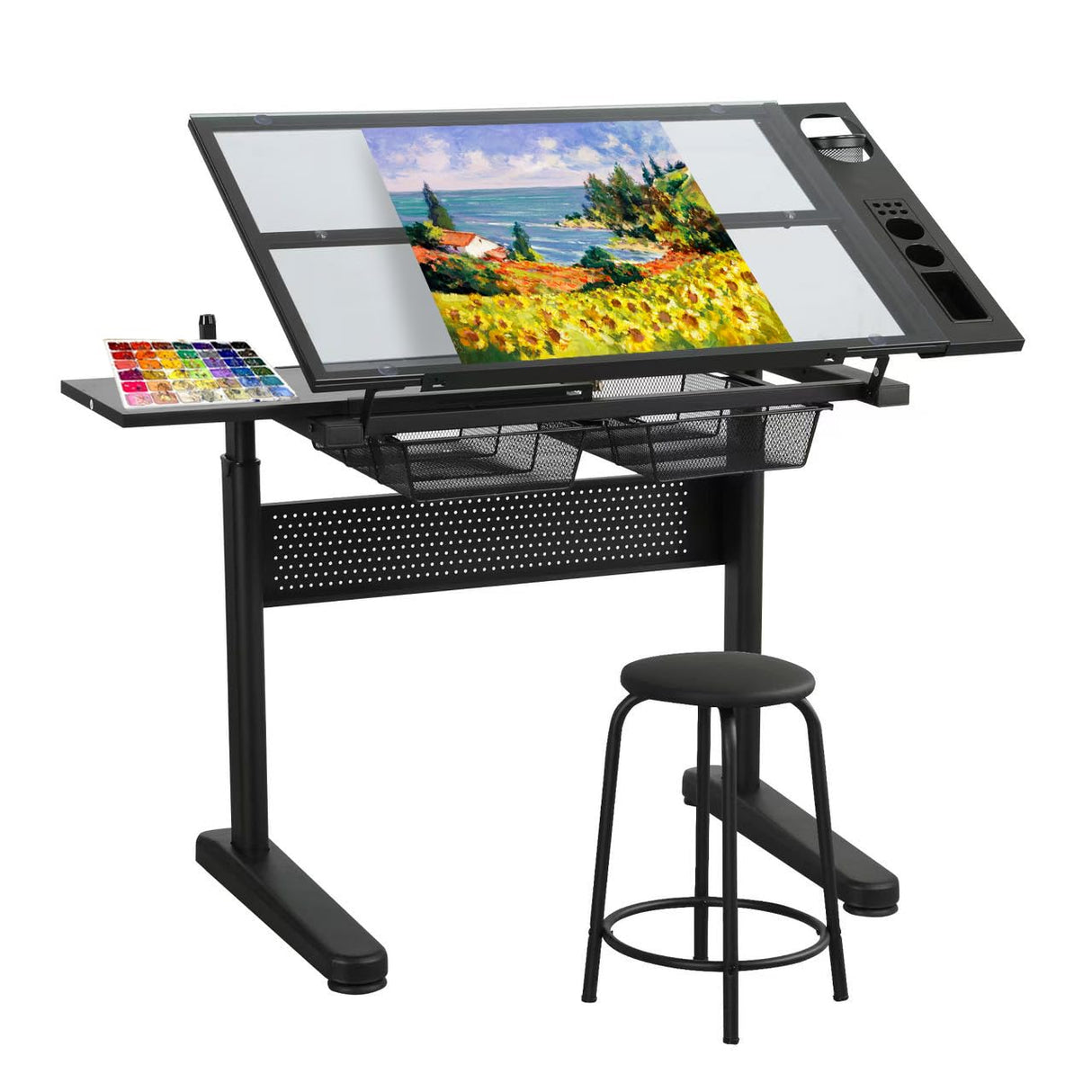 Lambgier Adjustable Tempered Glass Drafting Table - Art Desk Drawing Table, Black Upgraded Lambgier