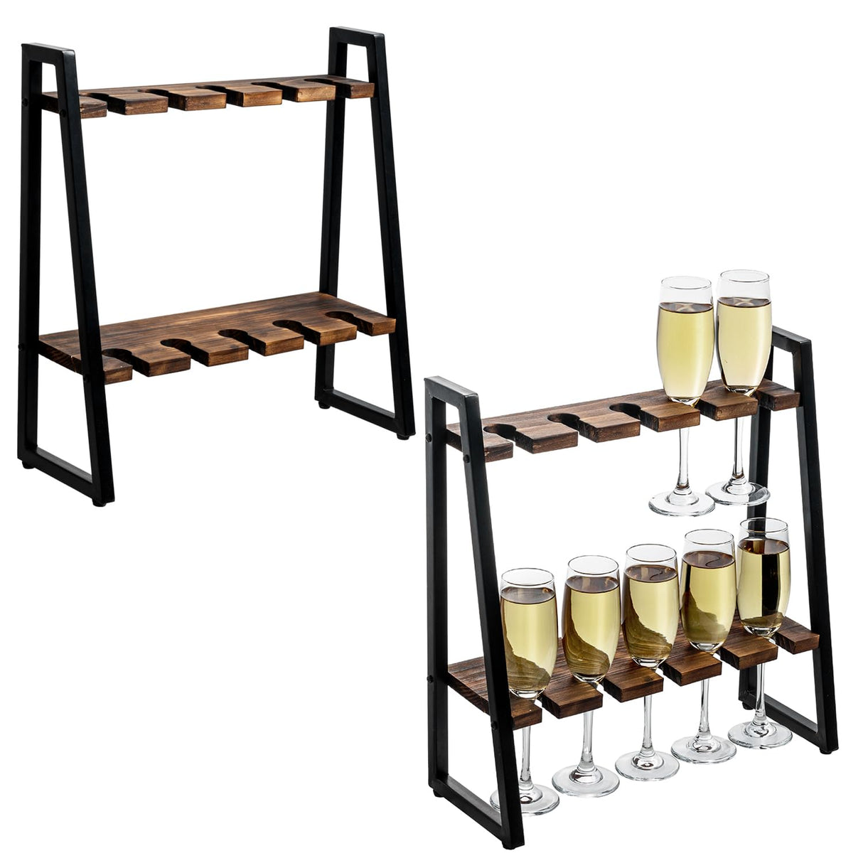 MyGift 2 Tier Rustic Brown Solid Wood Champagne Flute Stand with Industrial Matte Black Metal Frame, Tabletop Stemware Display Rack Fits up to 9 Inch Tall Glasses, Set of 2 MyGift