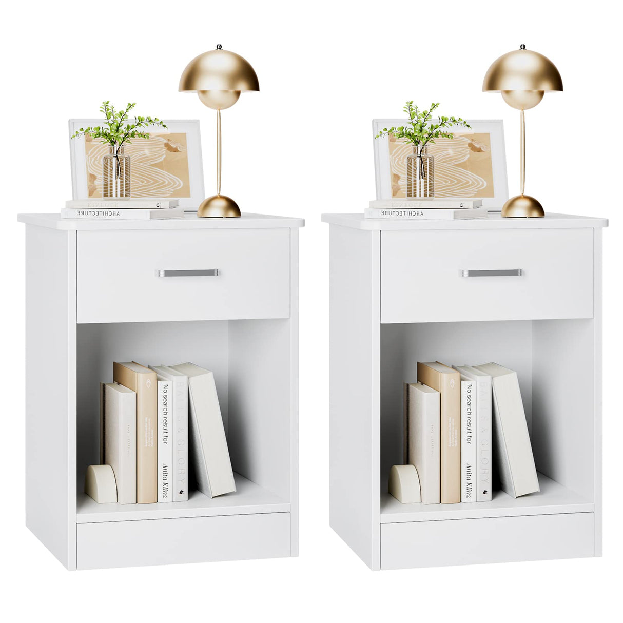 FOTOSOK Nightstand, Set of 2, 2-Tier Side Table with Drawer and Storage Shelf, Bedside Table End Table, Modern Night Stand for Bedroom, Home Office,White FOTOSOK