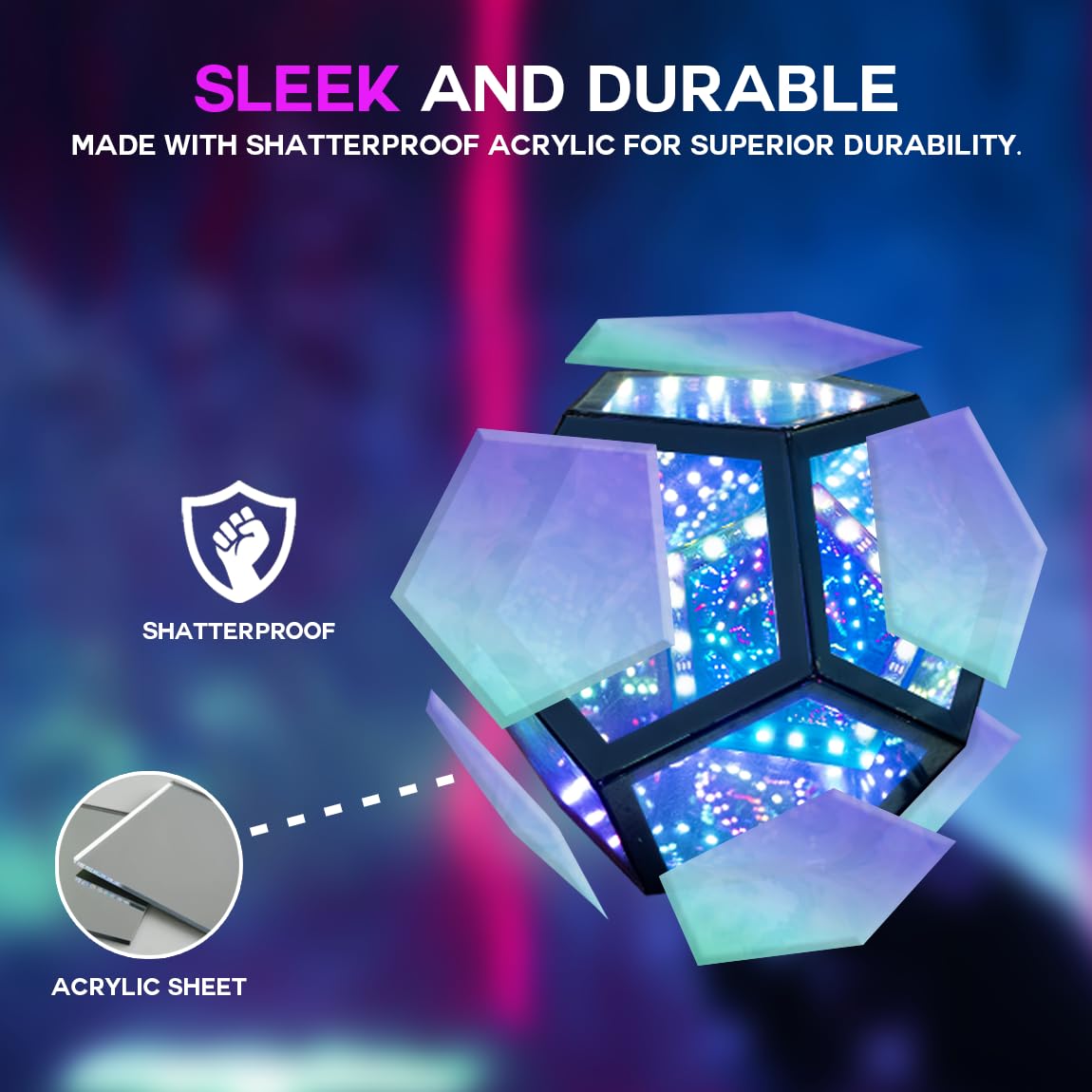Lumoonosity Infinity Mirror Light - Dodecahedron Light for USB Powered - Infinity Lamp for Customizable Color Changing - Dodecahedron Lamp with Music Sync with Timer Function Lumoonosity
