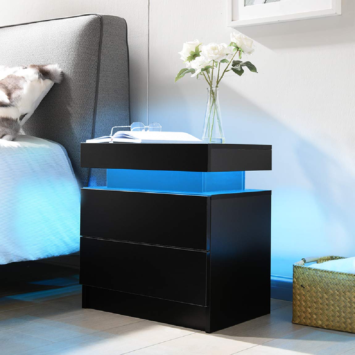 i-aplus Bedside Table with 2 Drawers, LED Nightstand Wooden Cabinet Unit with Lights for Bedroom, Living Room, Black i-aplus