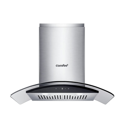 COMFEE Curved Glass Range Hood 30 Inch 450 CFM 3 Speed Gesture Sensing &Touch Control Panel Stainless Steel kitchen Ductless/Ducted Convertible with Baffle Filters and 2 LED Lights (CVG30W9AST)