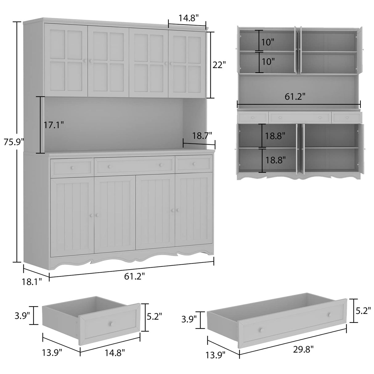 FUFU&GAGA 75.9" Tall Kitchen Pantry Cabinet with 5 Tiers Shelf, 8 Doors & 3 Drawers & Microwave Stand, Freestanding Hutch Cabinet with Buffet Cupboard for Kitchen, Dinningroom FUFU&GAGA