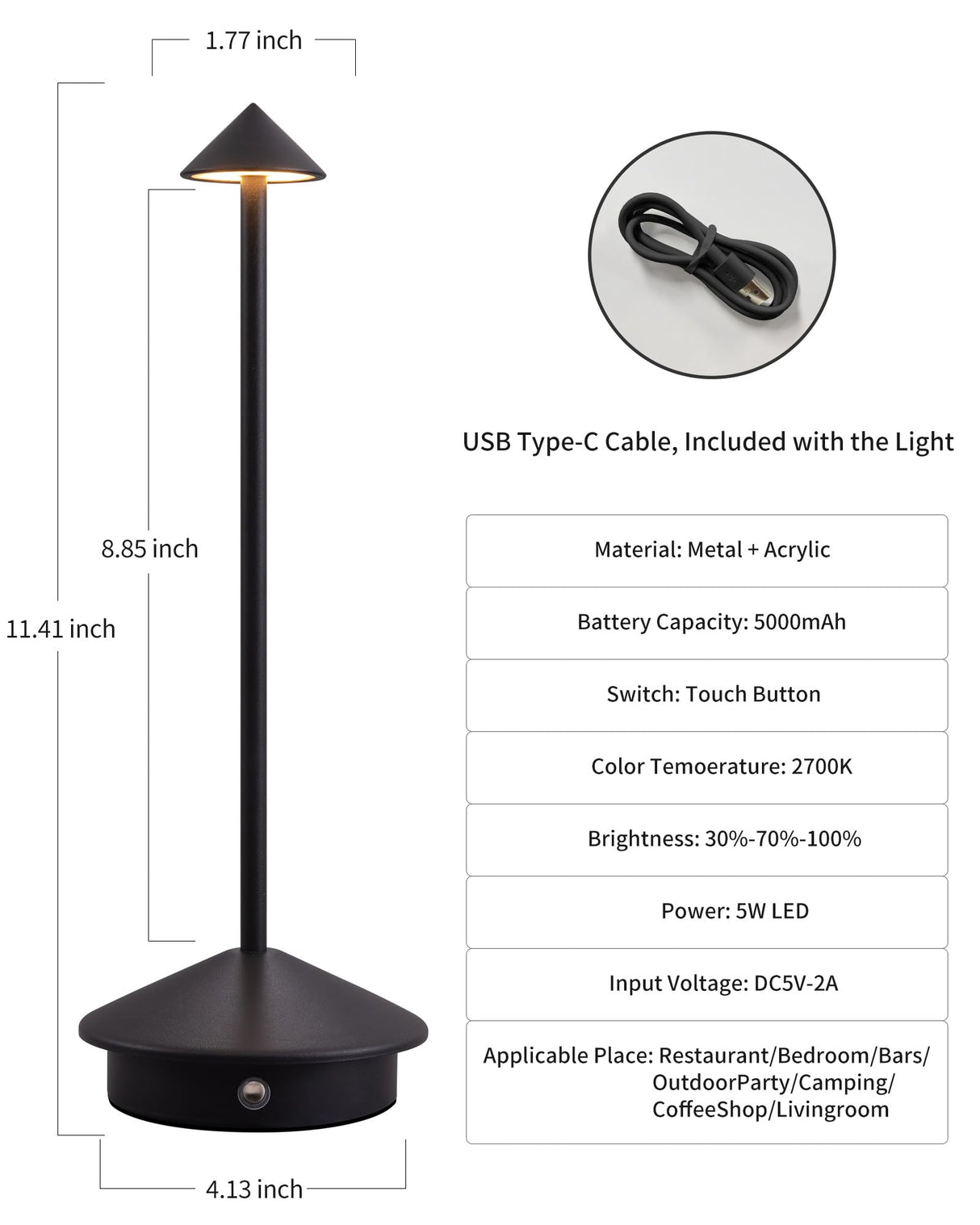 NEWSEE Modern Cordless Table Lamp Set of 2, Portable LED Desk Lamps, 5000mAh Rechargeable Battery Operated Lighting for Bedroom Dining Room Restaurant Coffee Shop Camping Night Light (Black) NEWSEE