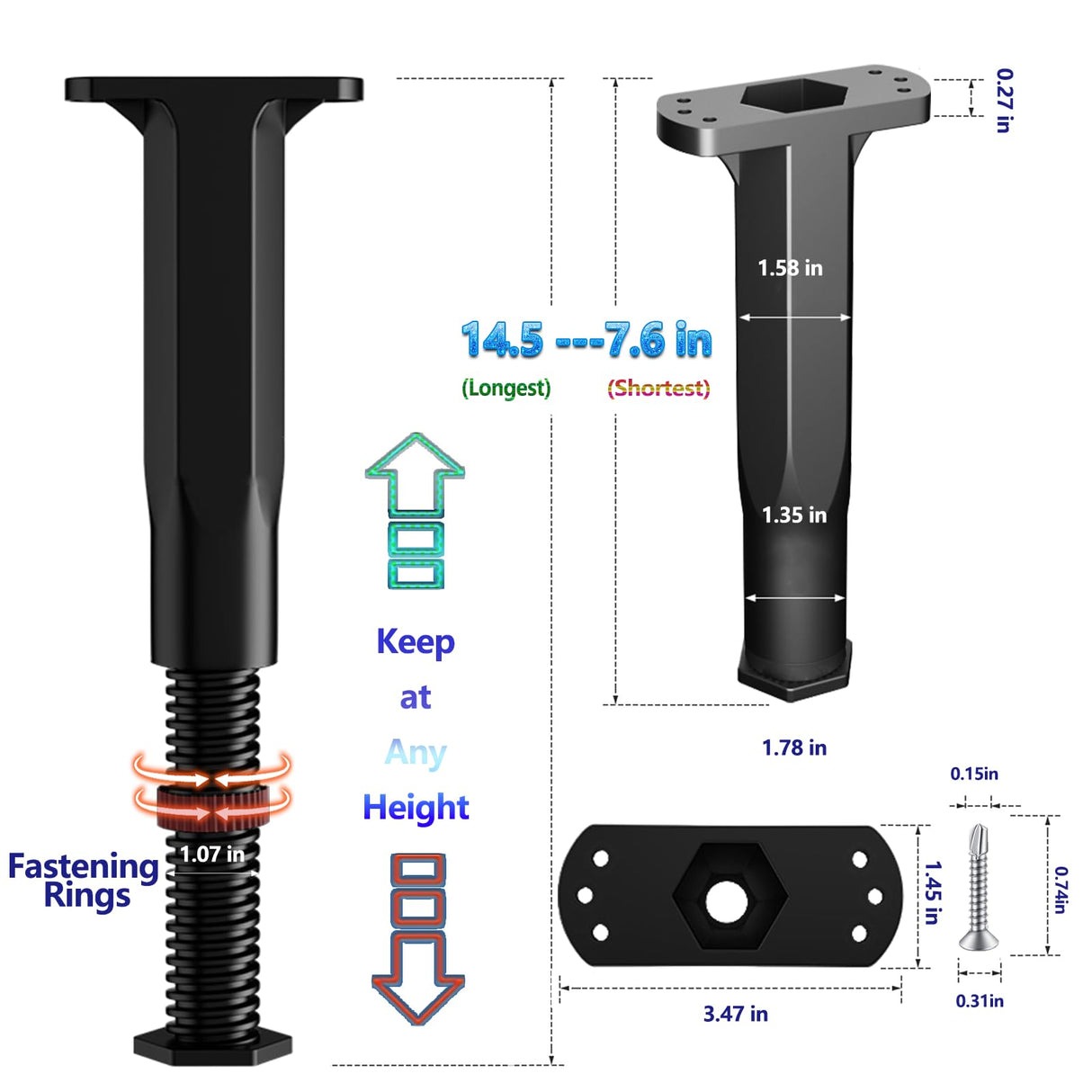 FafdBinm 4PC Bed Frame Support Legs Stabilizer Replacement Universal Slat Reinforcement 7.6-14.5 inch Black FafdBinm