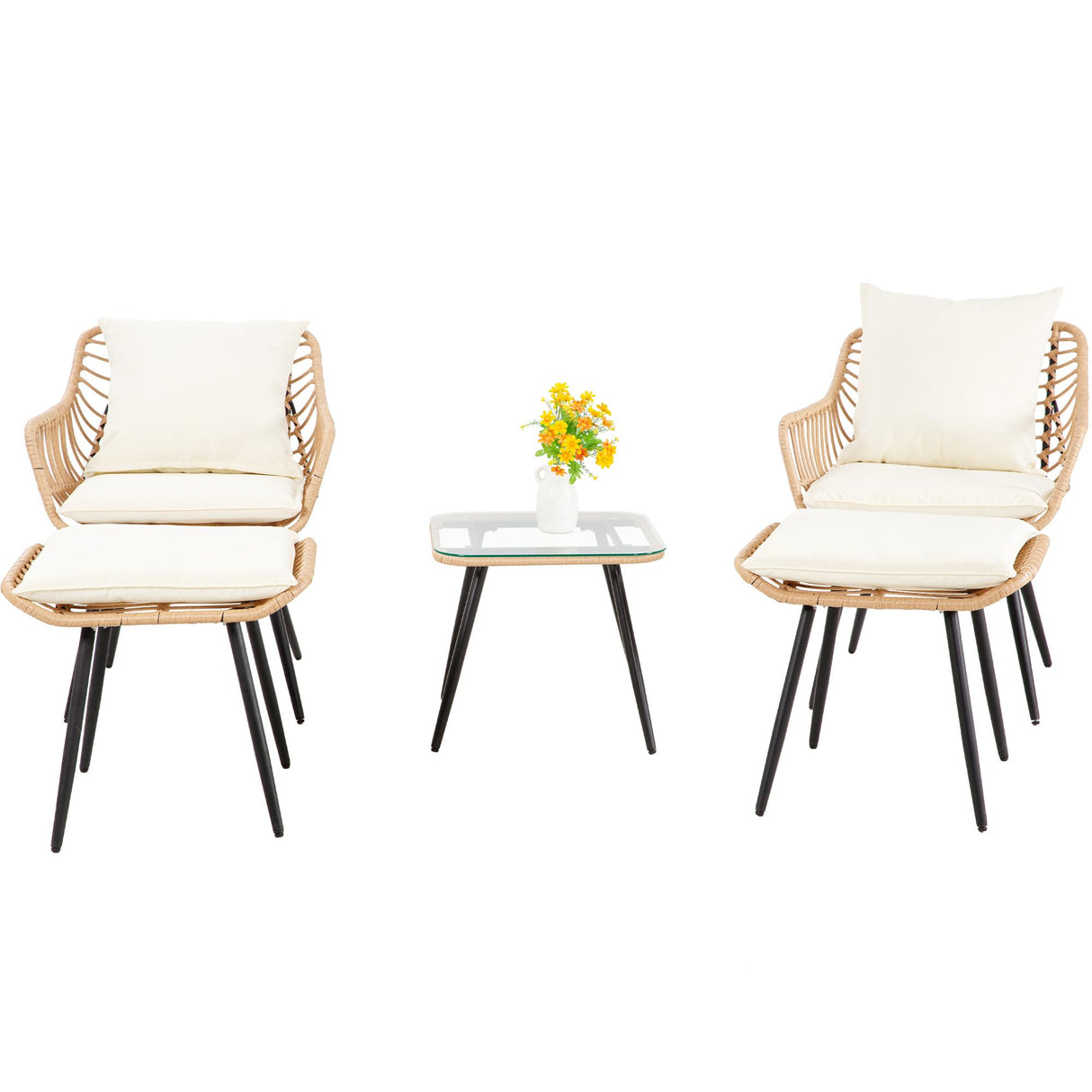 PORWEY 5 Piece Patio Bistro Set with Ottoman, Outdoor Wicker Apartment Balcony Furniture Sets, Rattan Table and Chairs Set of 2 for Porch Backyard Lawn Poolside Deck (Yellow/Beige) PORWEY