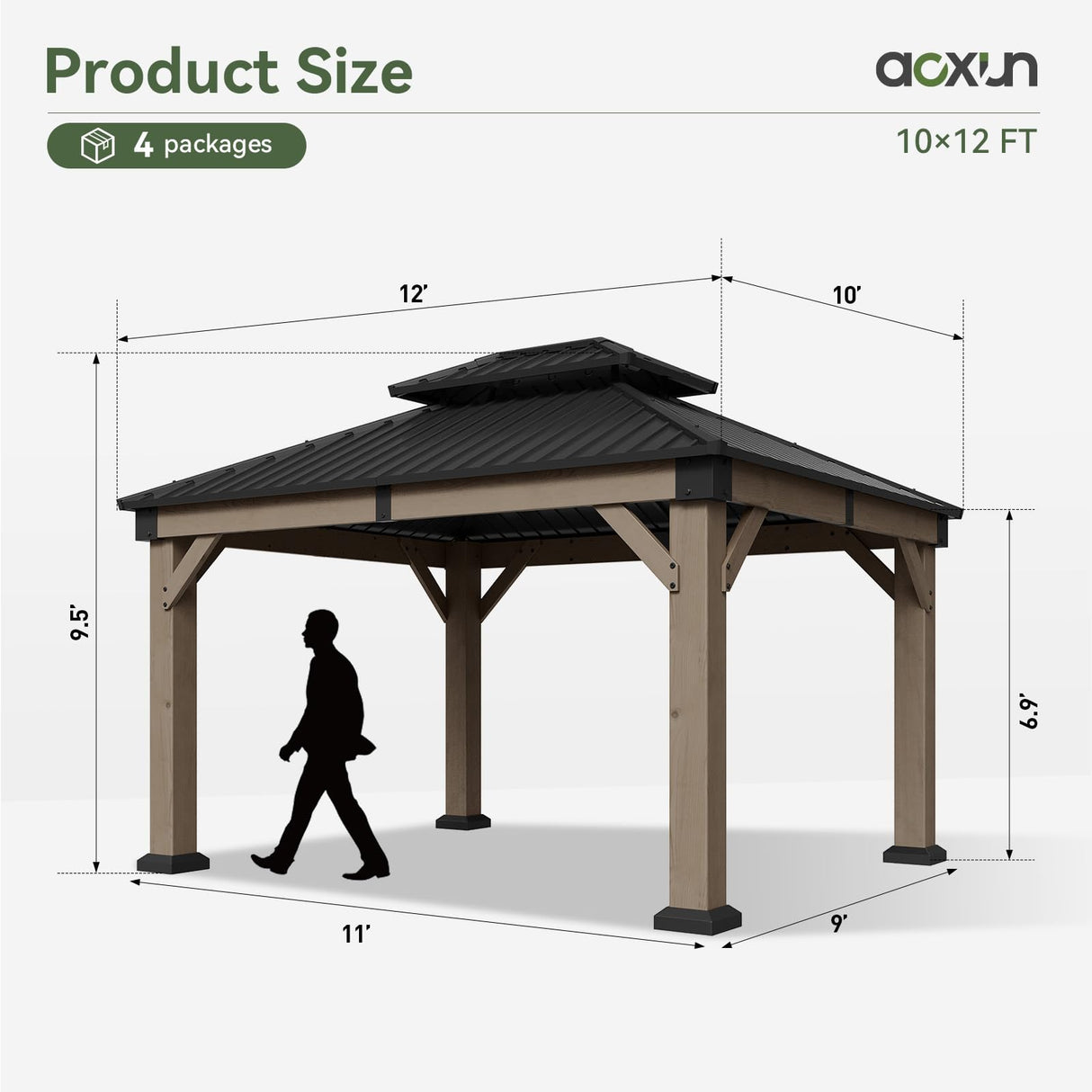 Aoxun 10' x 12' Outdoor Wood Gazebo, Hardtop Gazebo Permanent Wooden Pavilion with Galvanized Steel Double Roof, for Patio, Garden, Deck, Cedar Wood Aoxun