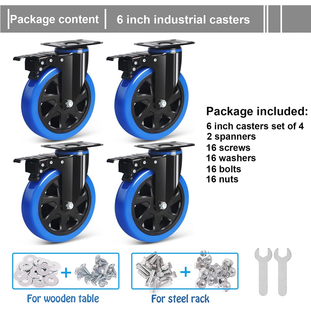 6 Inch Caster Wheels 2800lbs, Hands-Free A/B Brake Locking Casters, Heavy Duty Casters Set of 4, Silent Polyurethane Plate Castor Wheels for Cart, Furniture, Workbench(2 Hardware Kits Included) ENYKE