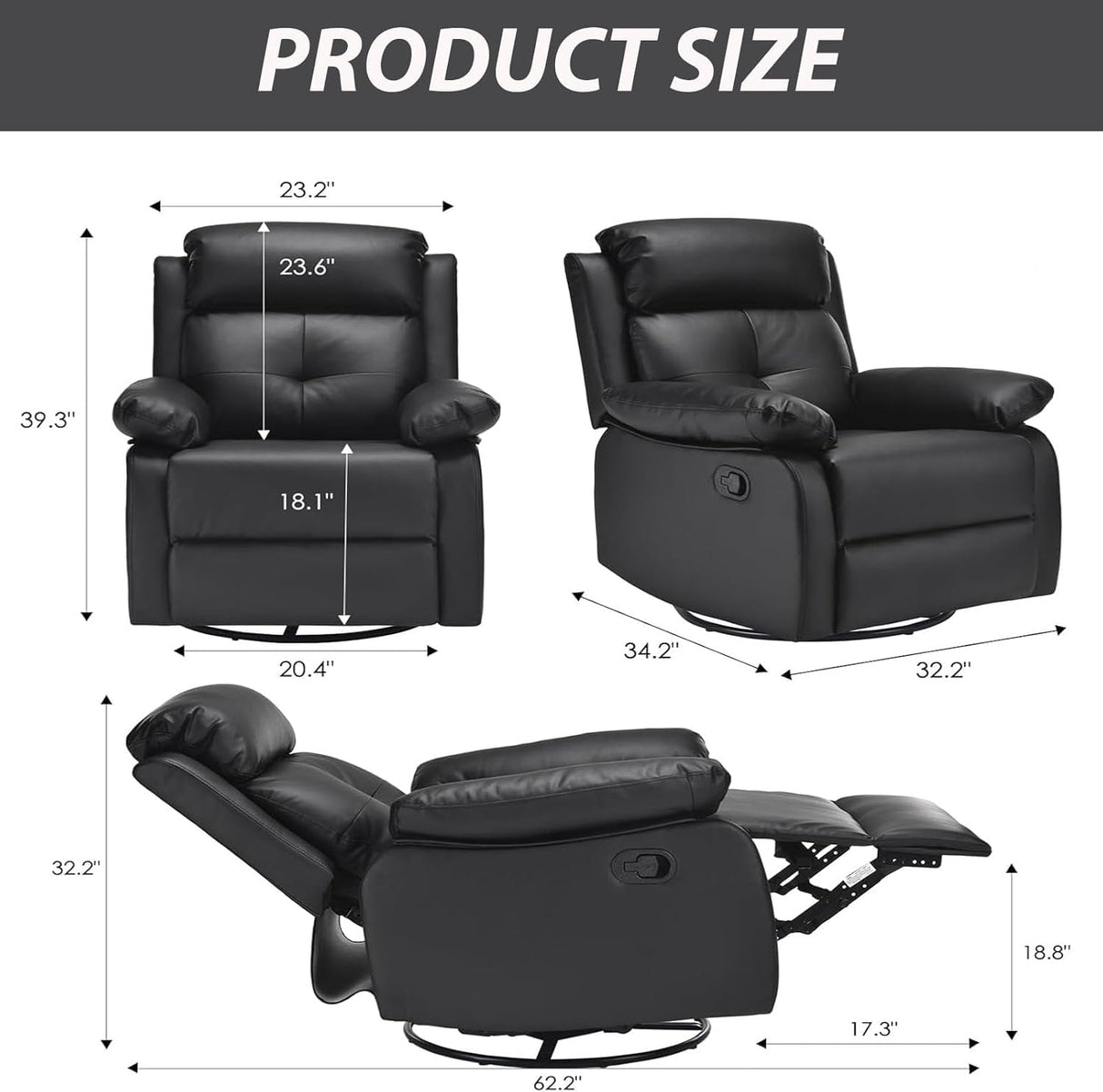 FONTOI Swivel Rocker Recliner with 360 Degree Swivel, Small Recliners with 30 Degree, 90-150 Degree Angle, Faux Leather Lift Chair for Home Theater Seating, Adults, Living Room, Bedroom, Black FONTOI