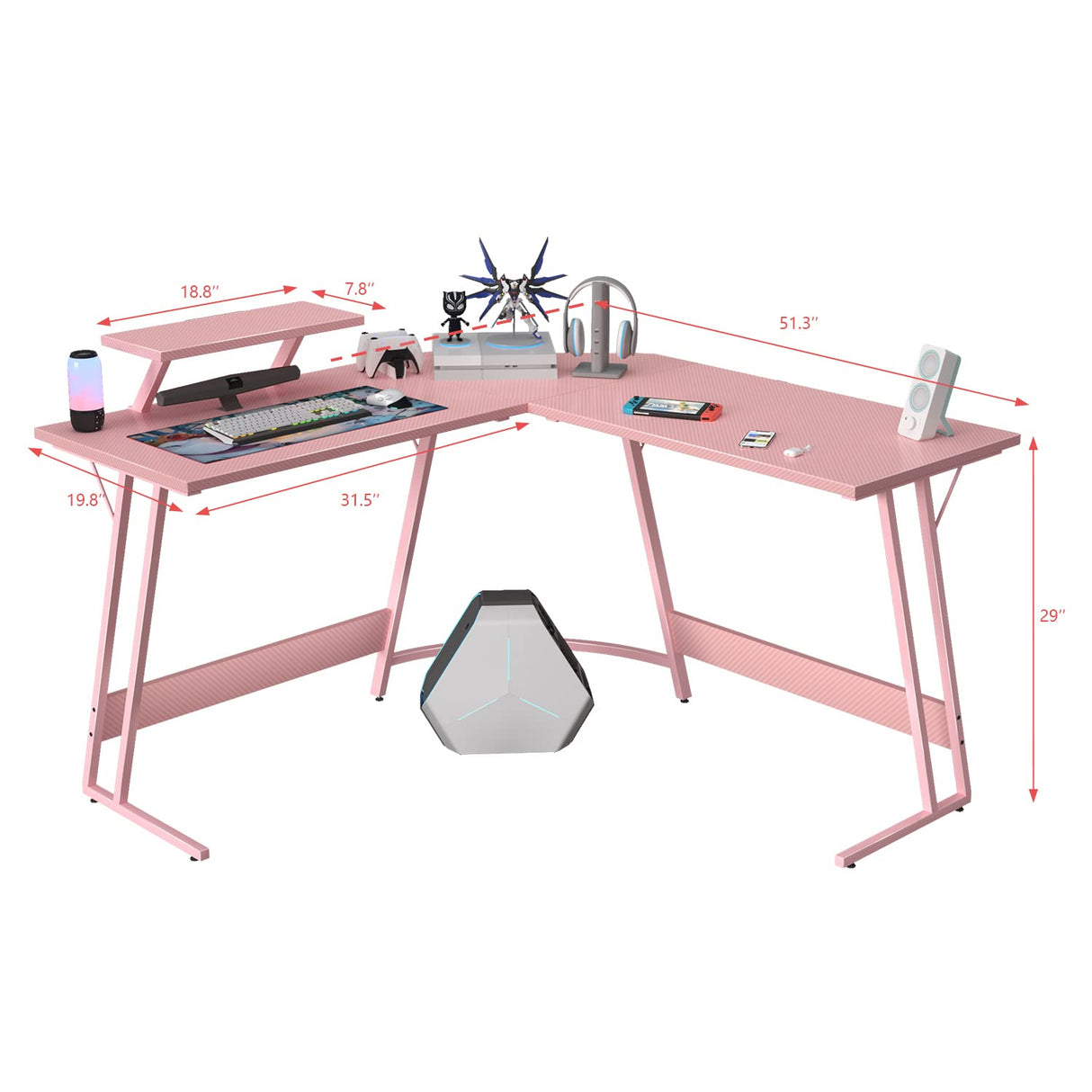 Homall Pink L Shaped Gaming Desk Computer Corner PC Desk Table with Large Monitor Stand for Home Office Studying Writing Workstation, Gift for Girls and Women (Pink, 51 Inch) Homall