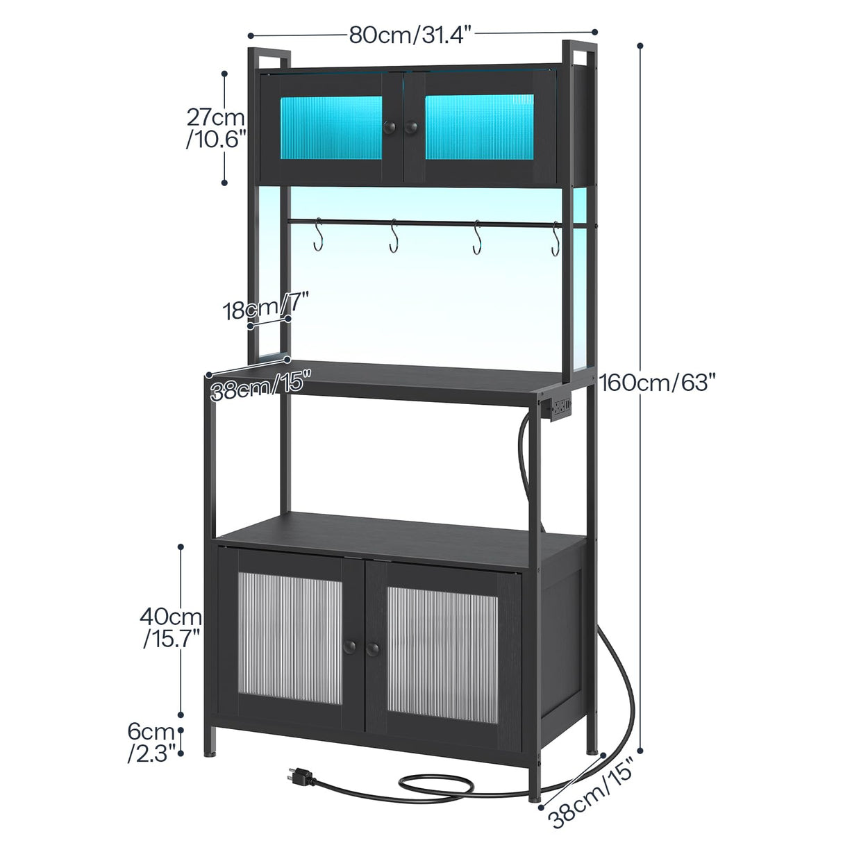 HOOBRO Bakers Rack with Storage Cabinet, 5-Tier Coffee Bar with Power Outlet and LED Lights, Industrial Microwave Oven Stand with Shelves, Kitchen Storage Shelf with Cabinet, Black BB13UDHB01 HOOBRO